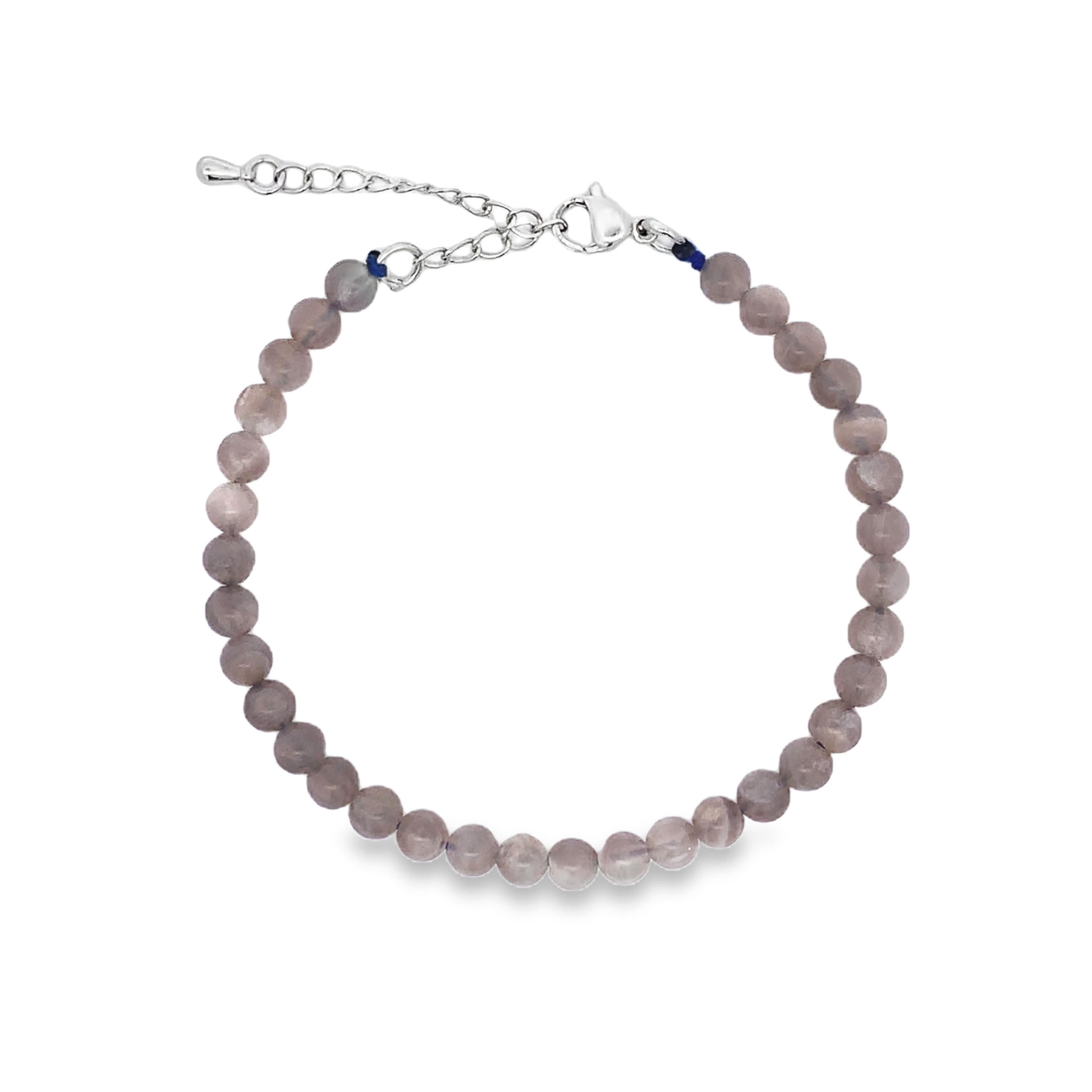 Bransoletka koralikowa z posrebrzanego metalu z okrągłym kaboszonowym kamieniem księżycowym