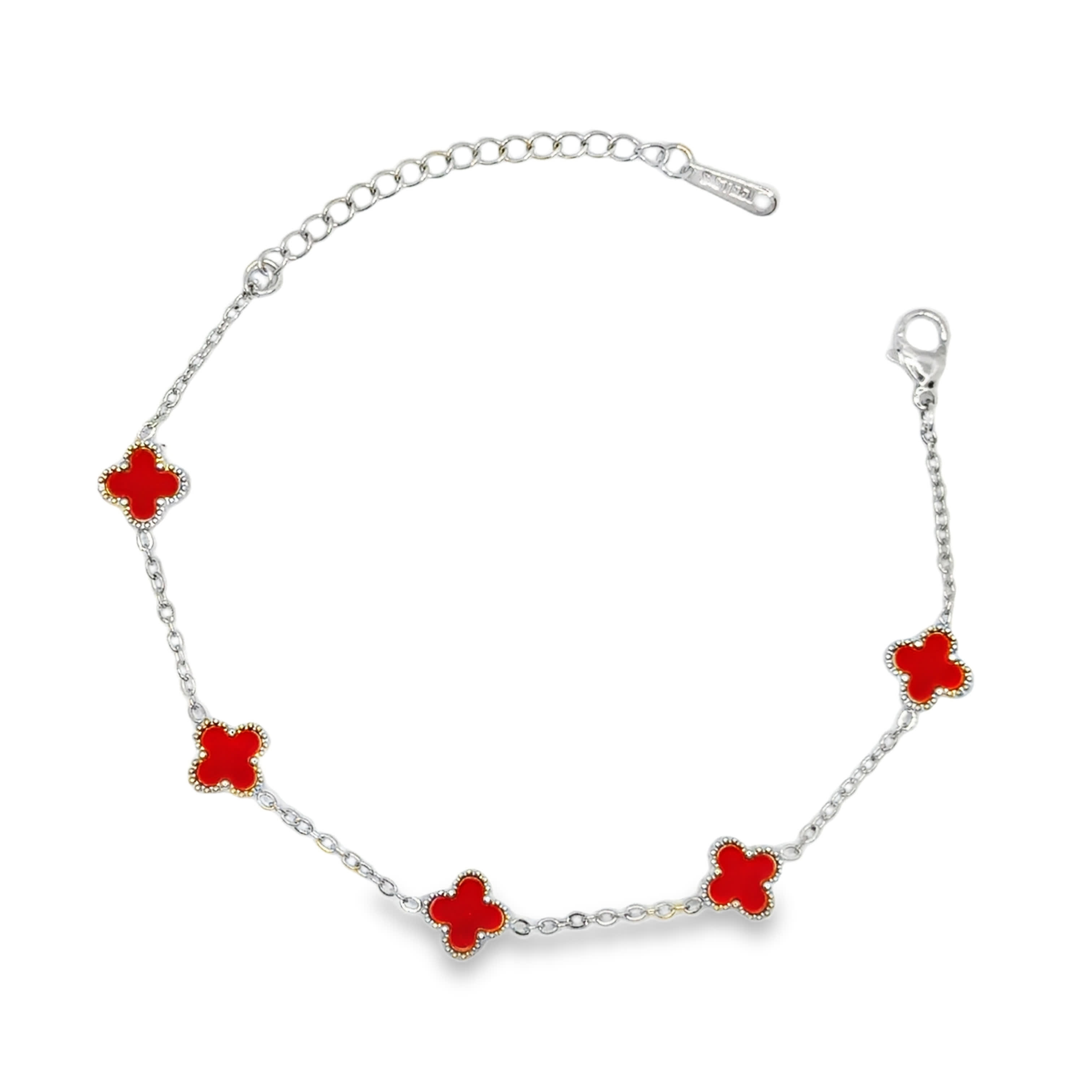 Bransoletka ze srebrnego łańcuszka z czerwonymi akcentami koniczyny koralowej