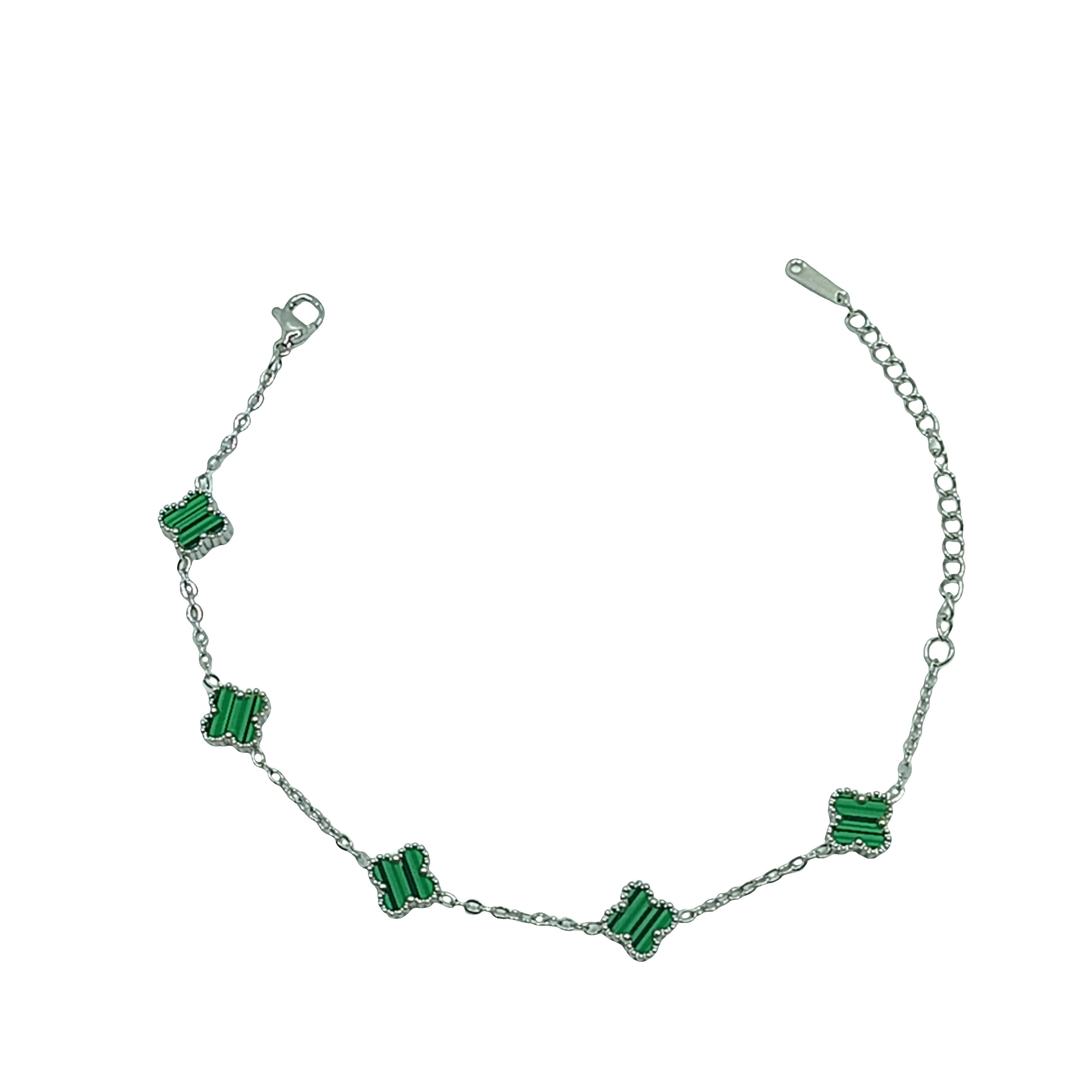 Bransoletka ze srebrnego łańcuszka z zawieszkami w kształcie koniczyny malachitowej
