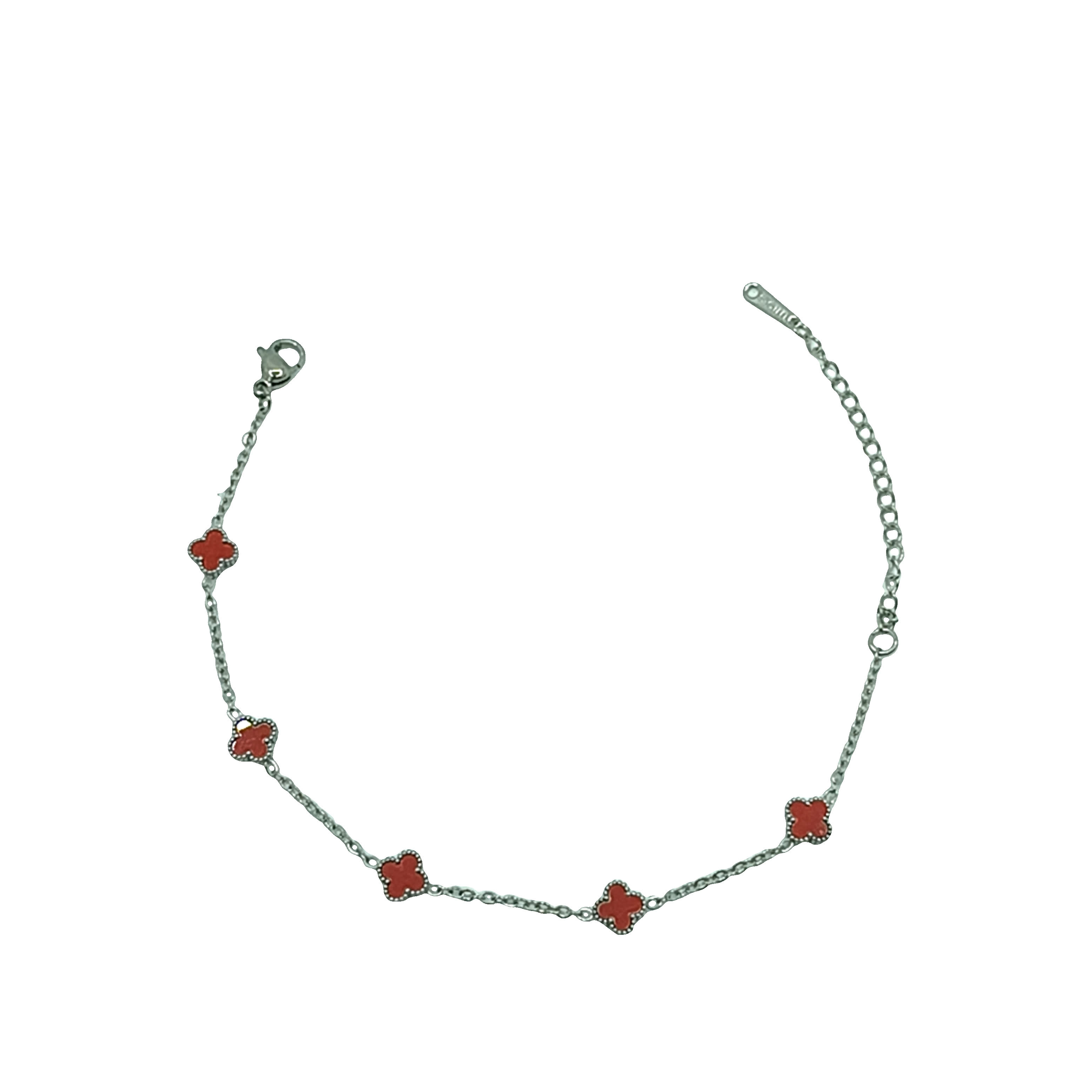 Bransoletka ze Srebrnego Łańcuszka z Czerwonymi Kaboszonami Koniczyny Koralowej