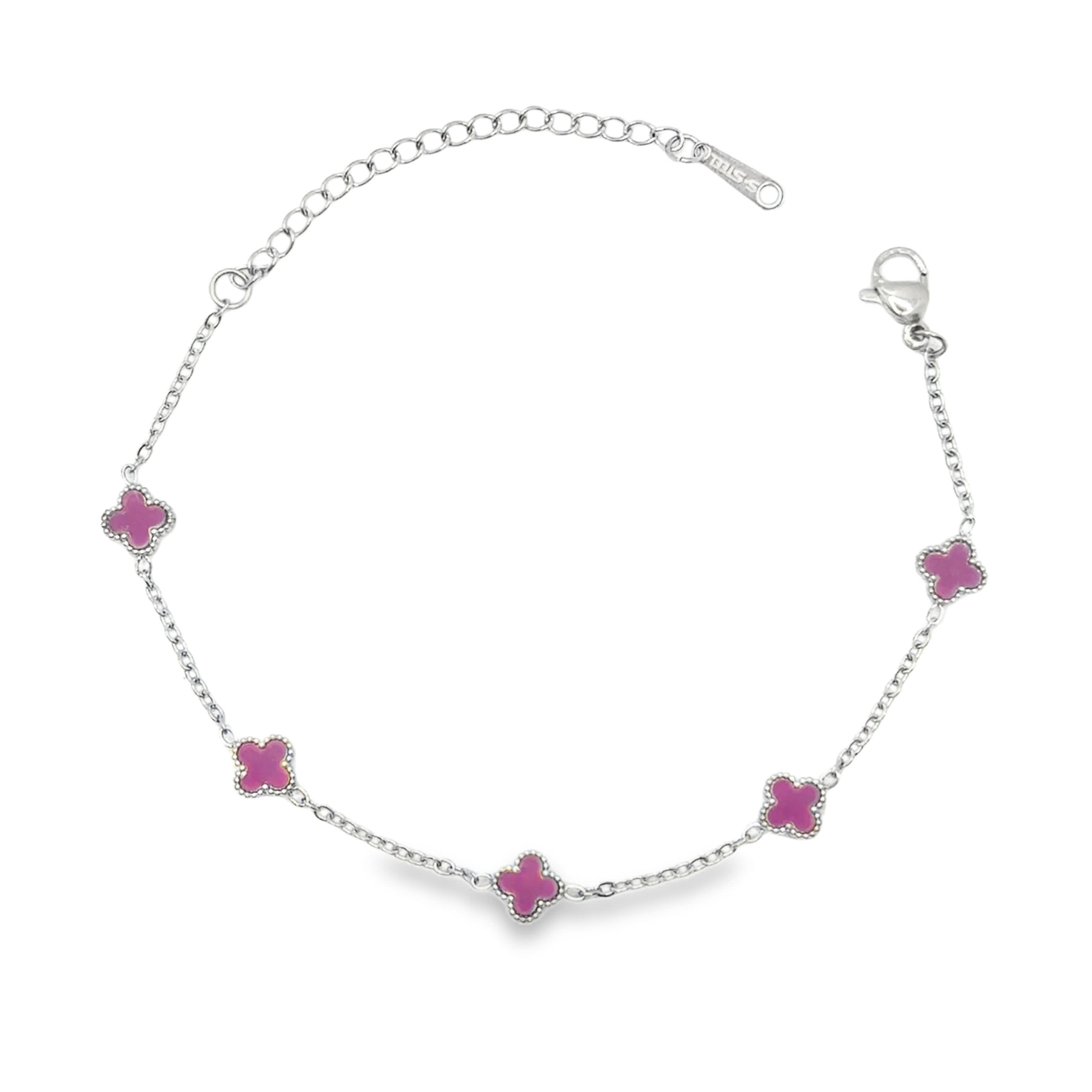 Bransoletka z łańcuszkiem ze posrebrzanej stali z fioletowymi zawieszkami z agatu i koniczyny