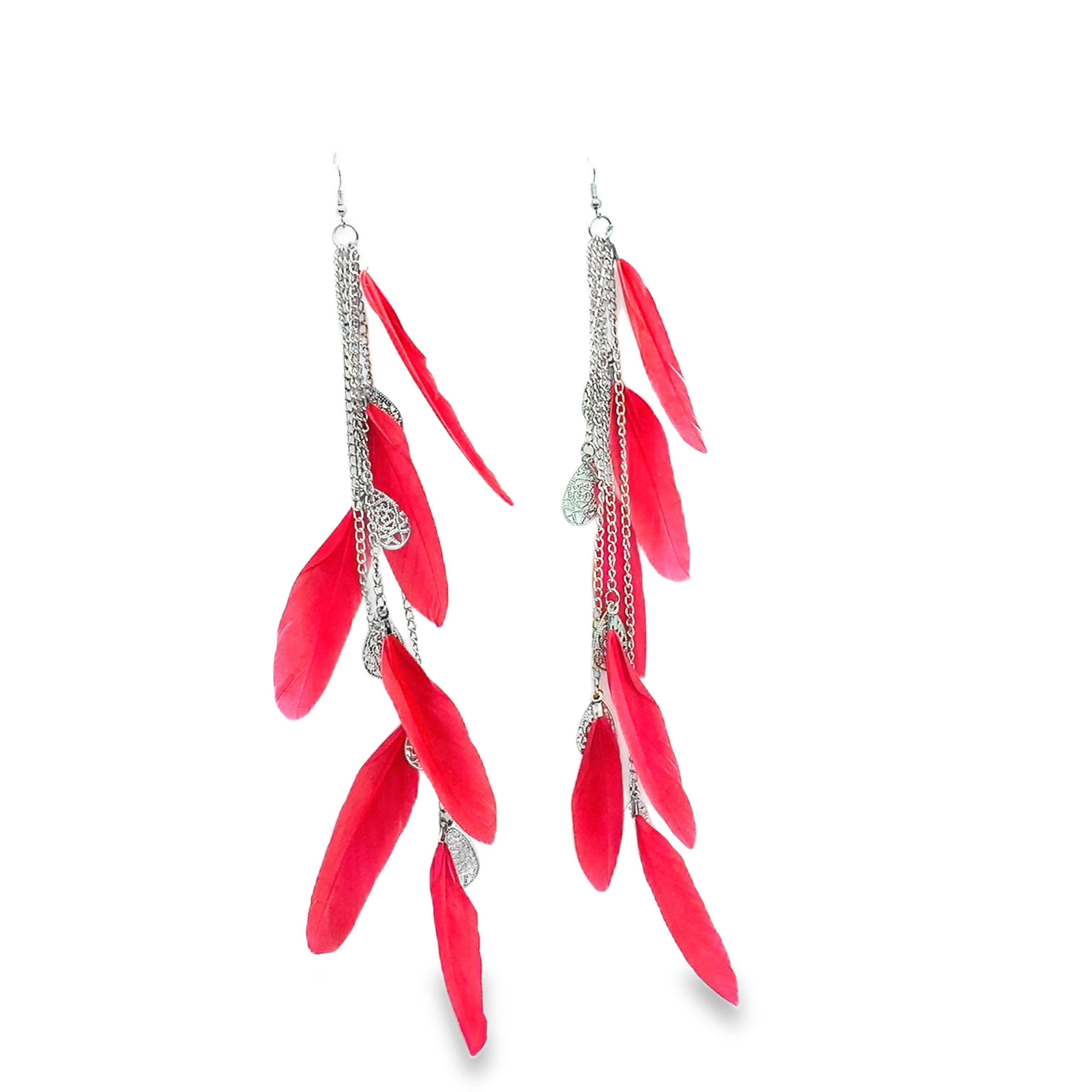 Kolczyki wiszące w kolorze posrebrzanym z czerwonymi akcentami