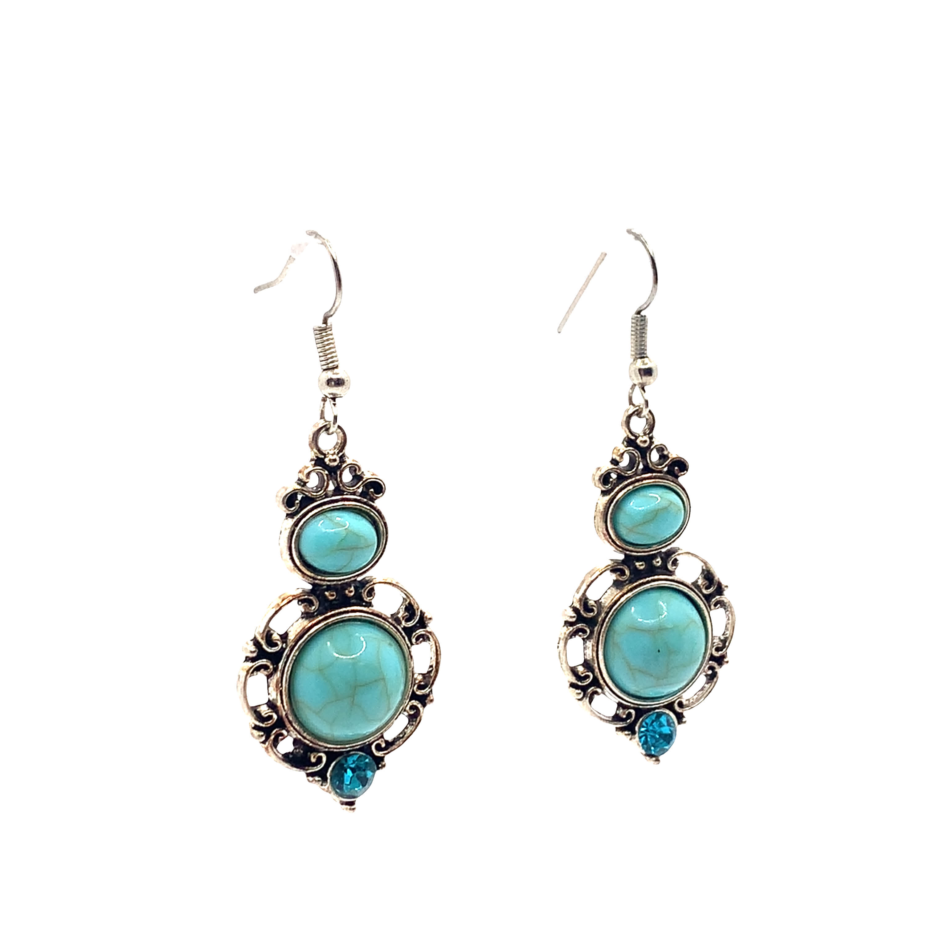 Posrebrzane wiszące kolczyki z turkusowym kaboszonem