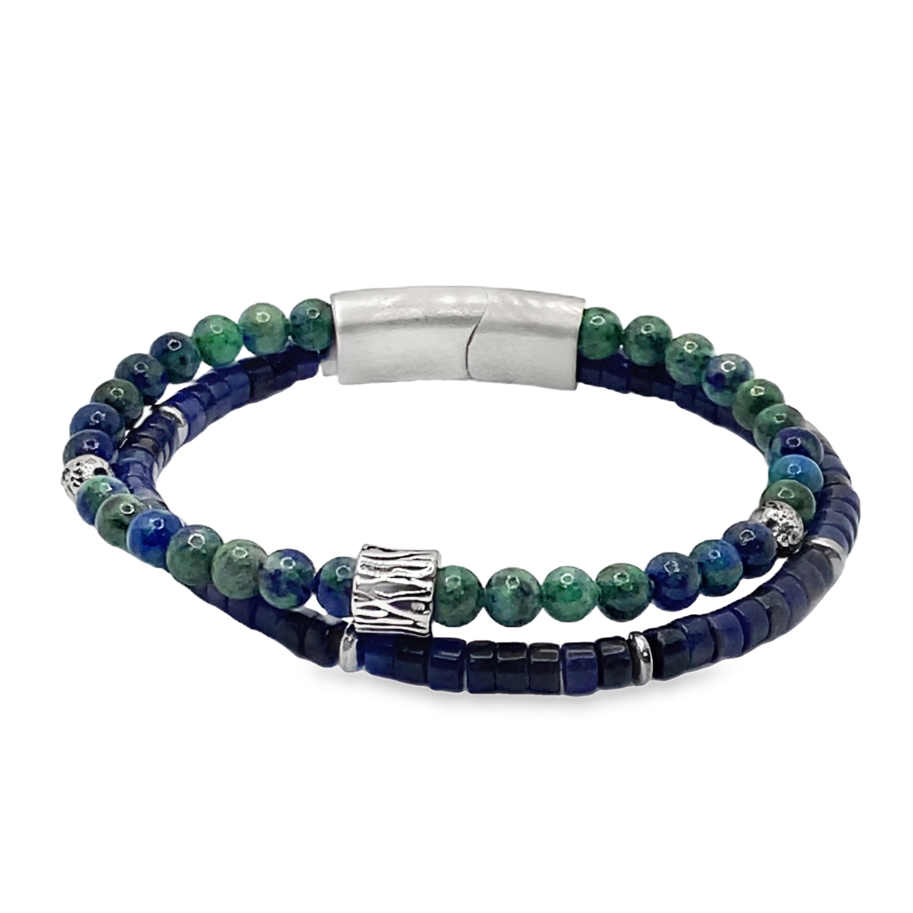 Bransoletka z podwójnym sznurkiem koralików z malachitu szlifowanego kaboszonem