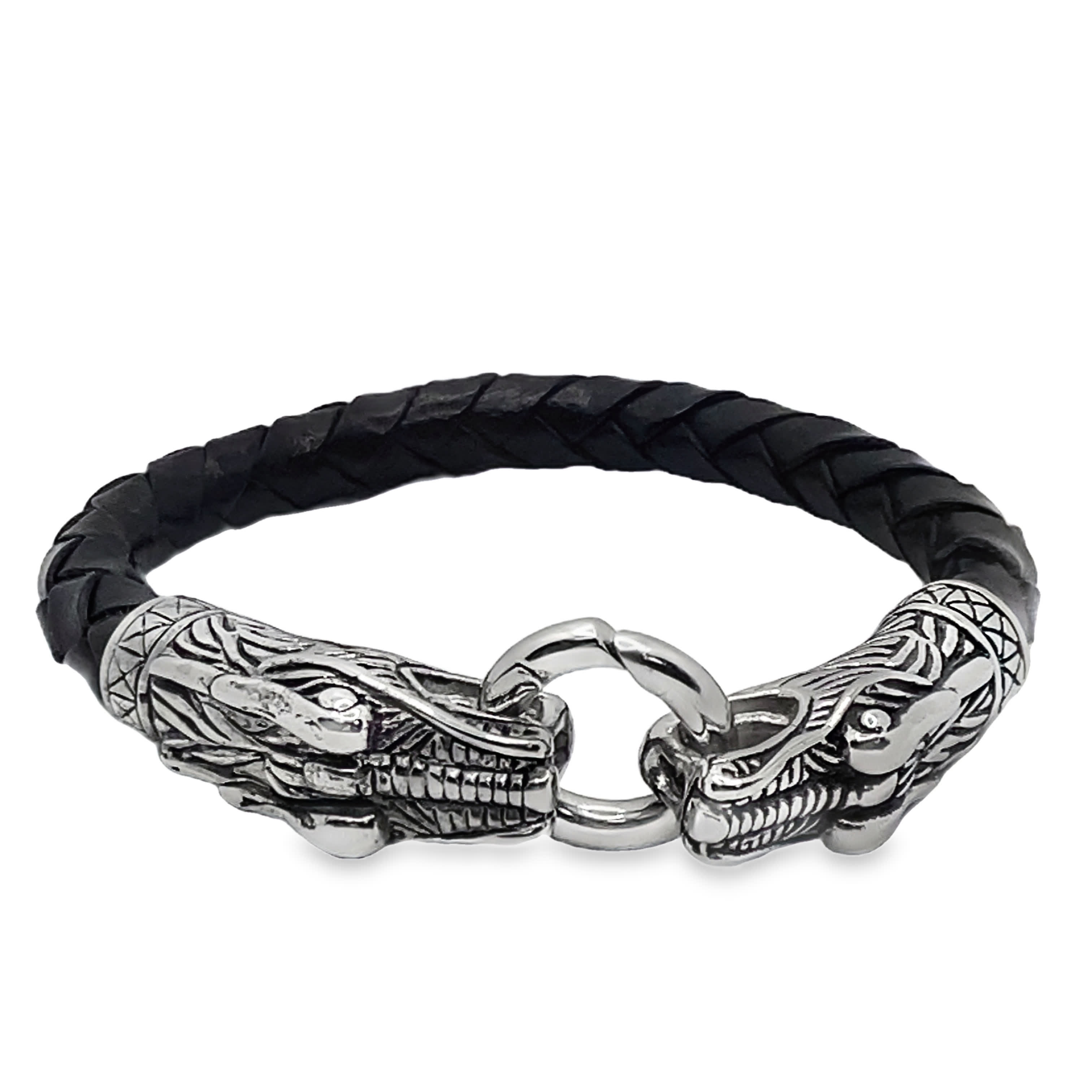 Bransoletka z plecionej skóry z posrebrzaną głową smoka