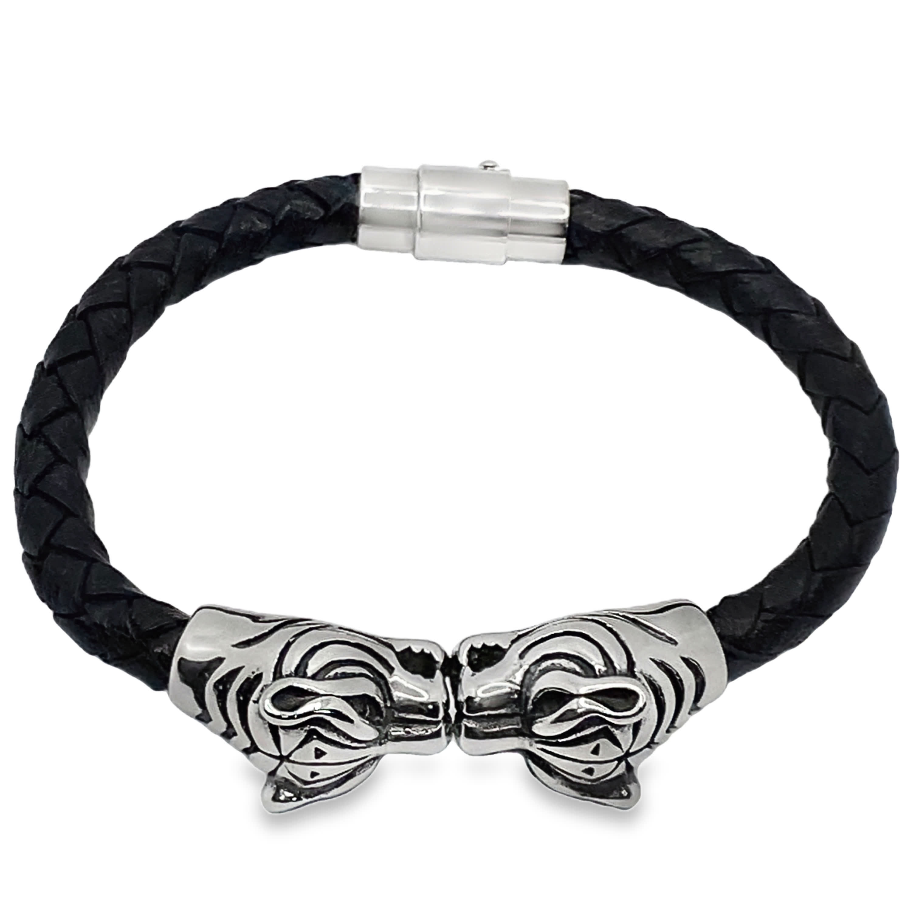 Czarna pleciona bransoletka z motywem głowy tygrysa