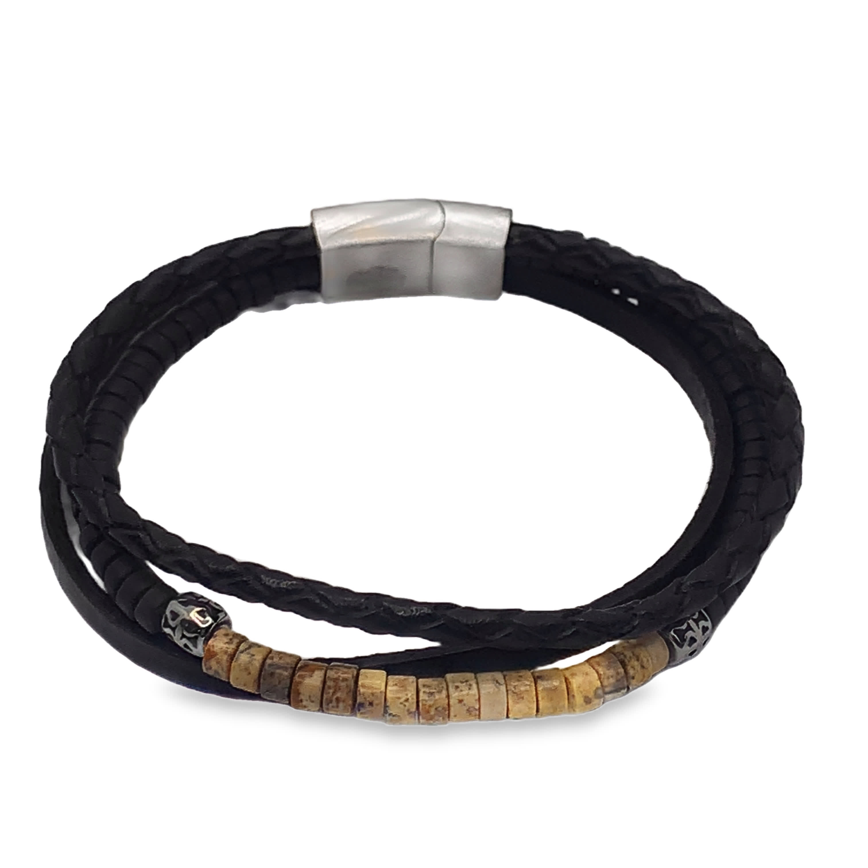 Ręcznie robiona pleciona bransoletka ze skóry i drewnianych koralików