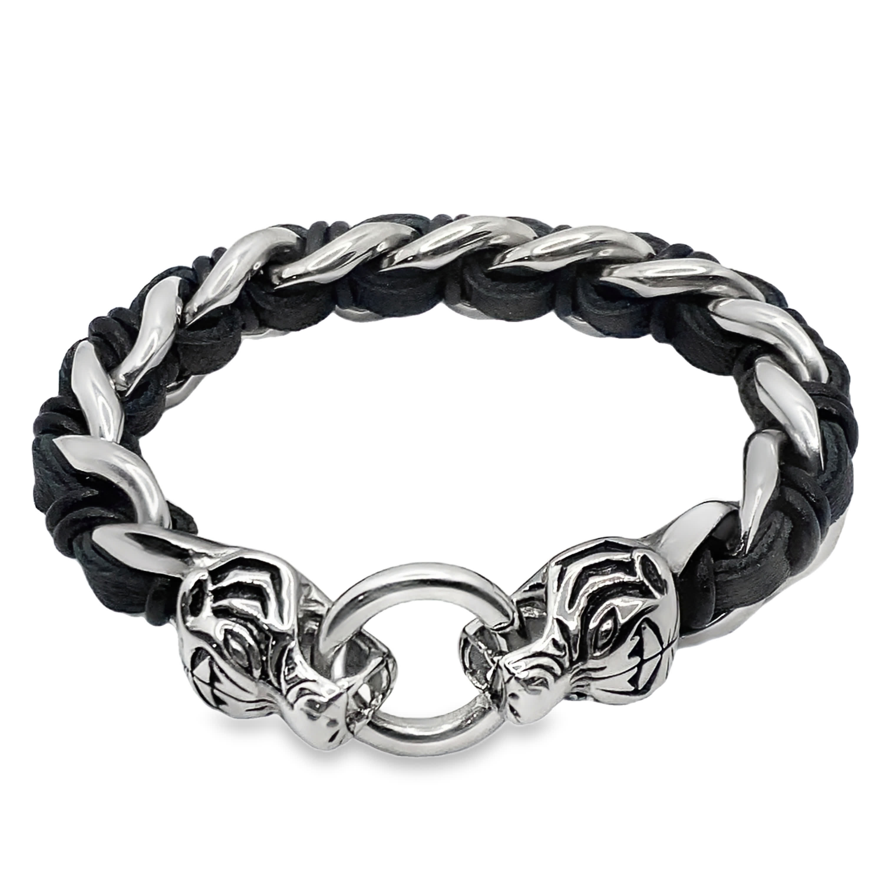 Bransoletka z czarnej skóry z głową tygrysa i metalowym łańcuszkiem w kolorze posrebrzanym