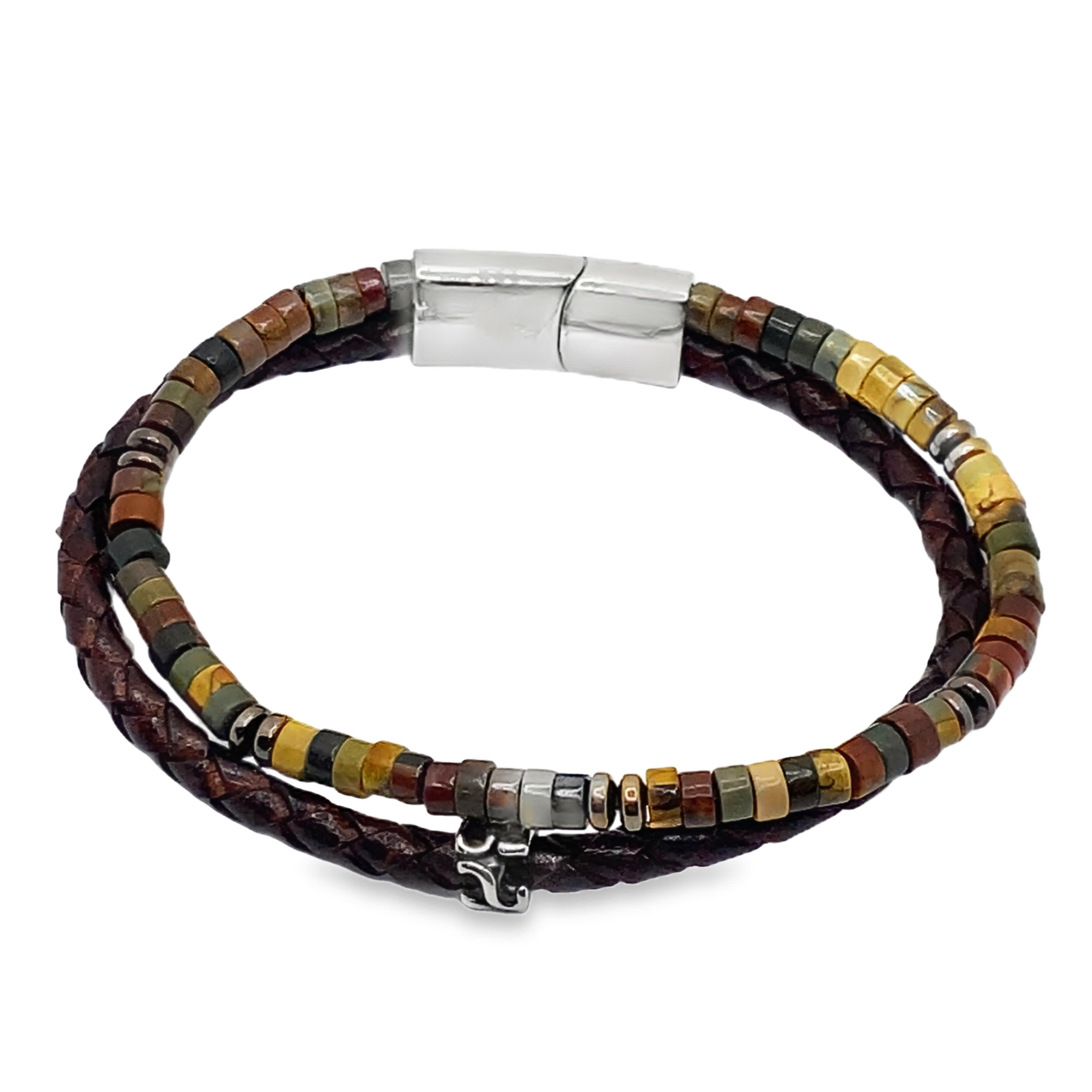 Bransoletka skórzana z podwójnym sznurkiem i koralikami z kamieni ziemistych