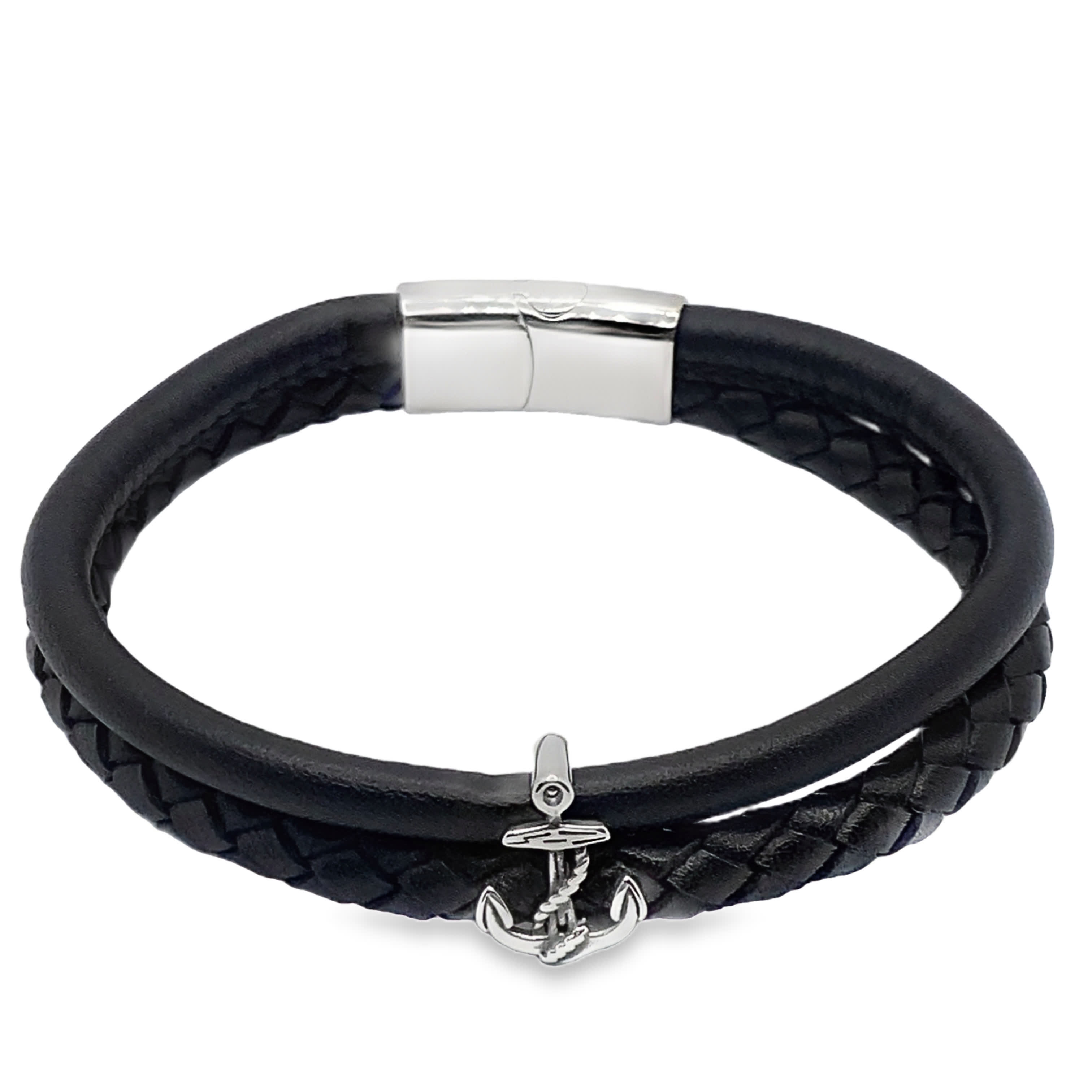 Bransoletka ze skóry w kolorze czarnym z zawieszką kotwicy w kolorze posrebrzanym
