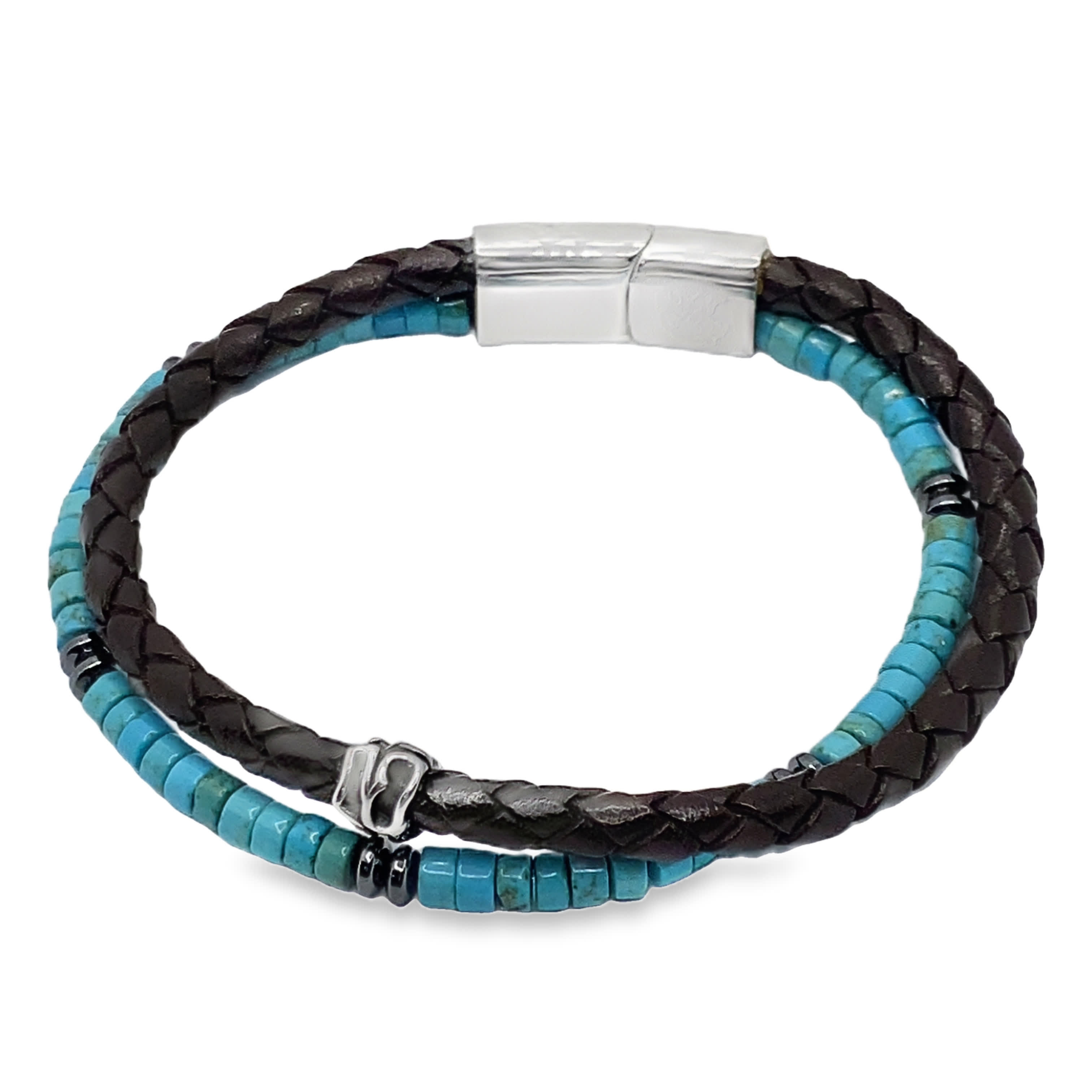 Bransoletka z koralików w kolorze turkusowym z podwójnym pasem i plecionym paskiem