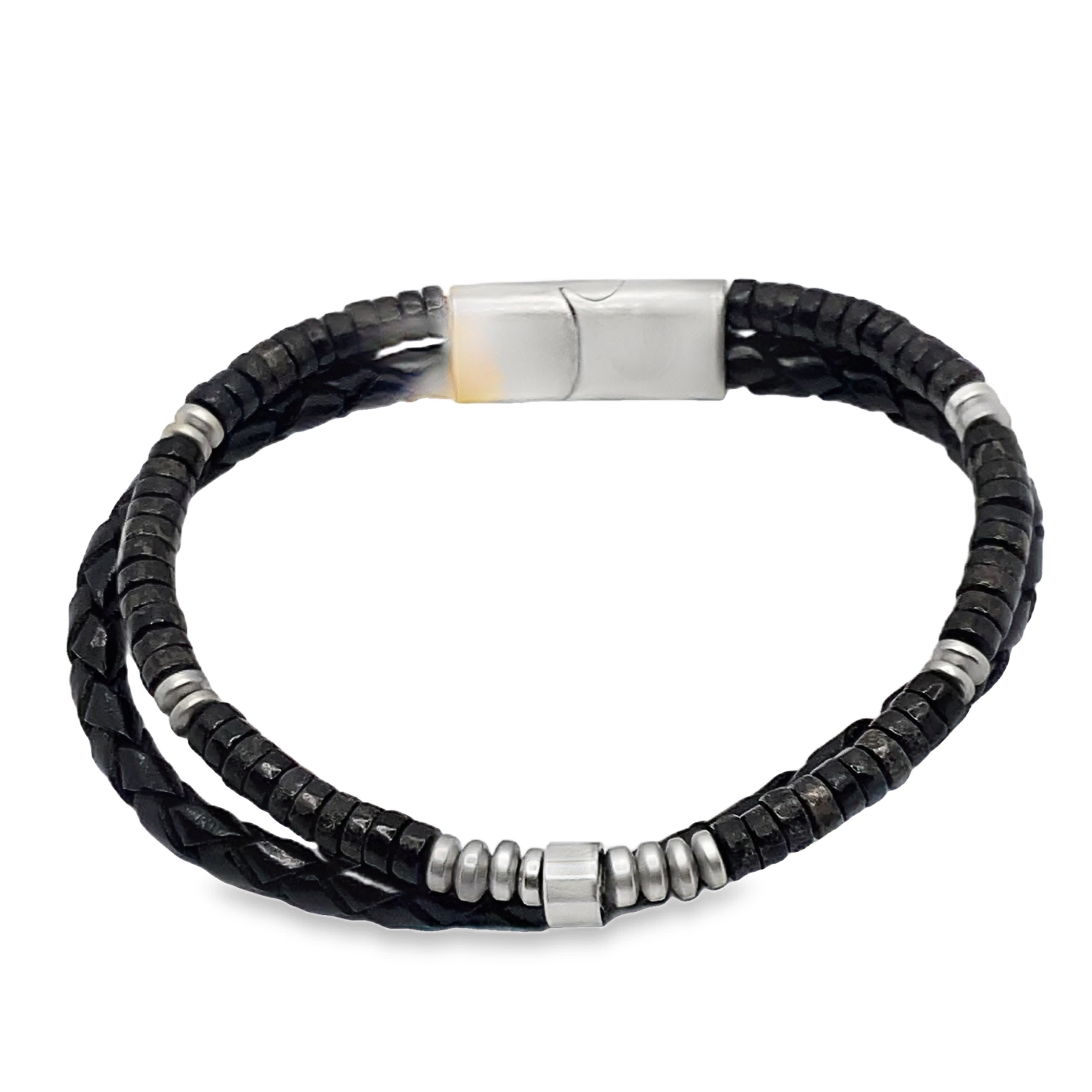 Męska pleciona bransoletka ze skóry i metalu z podwójnym rzędem koralików