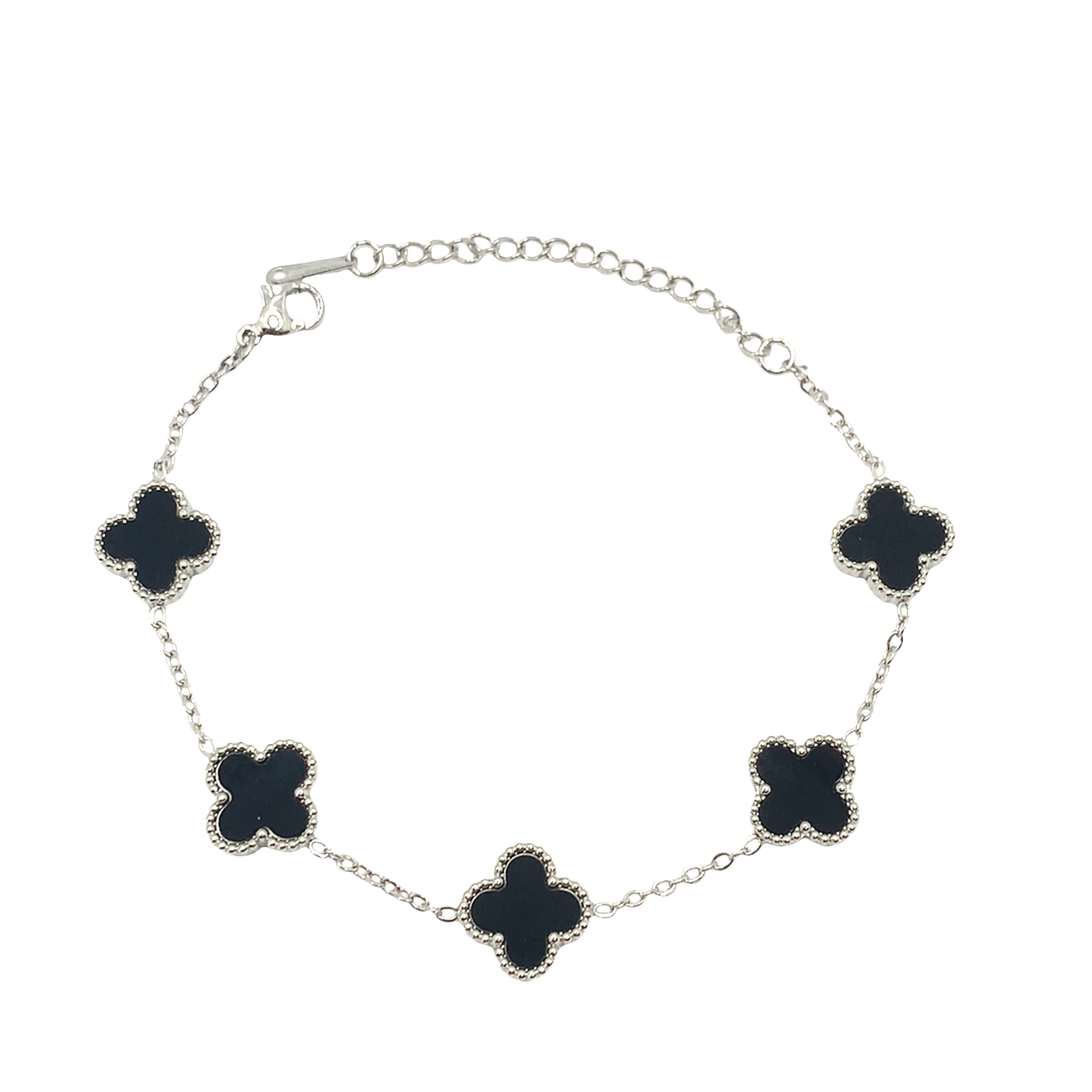 Bransoletka ze srebrnego łańcuszka z akcentami koniczyny i onyksu