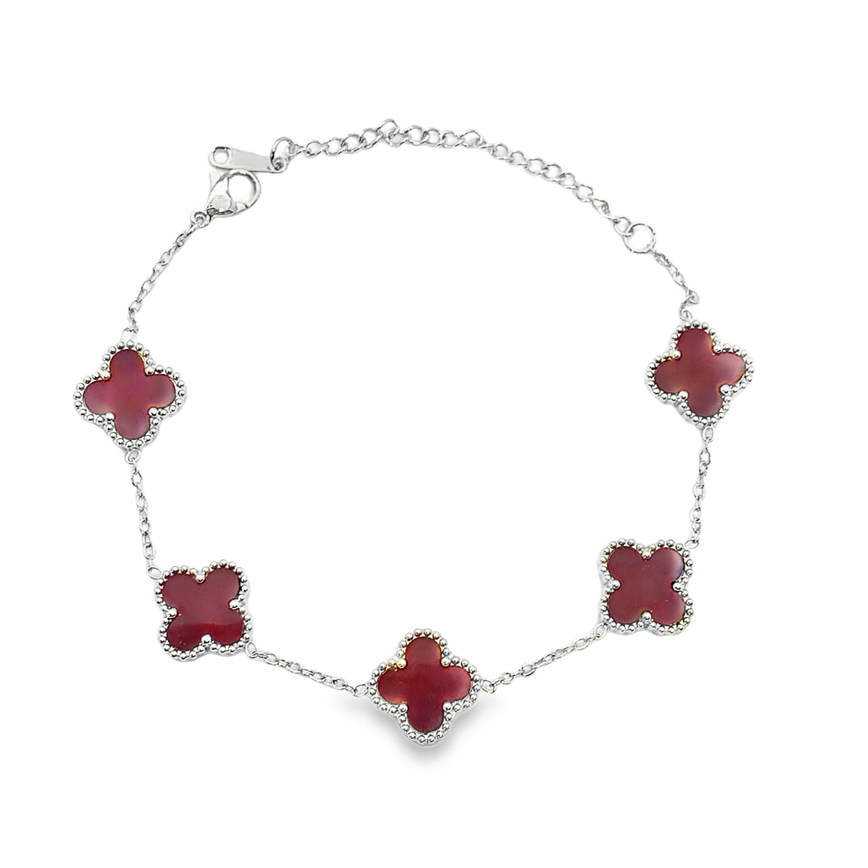 Bransoletka z łańcuszkiem z agatu i koniczyny w srebrze platerowanym białym złotem