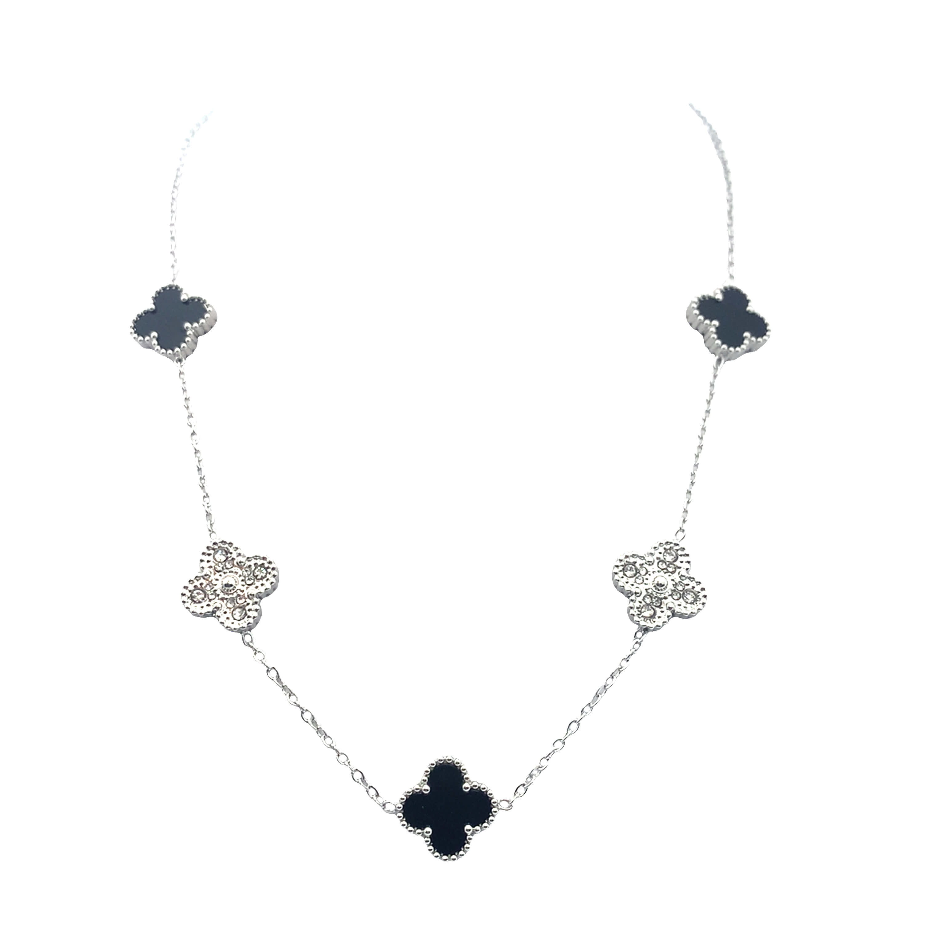 Elegancki srebrny naszyjnik z zawieszkami z onyksem i błyszczącymi kamieniami