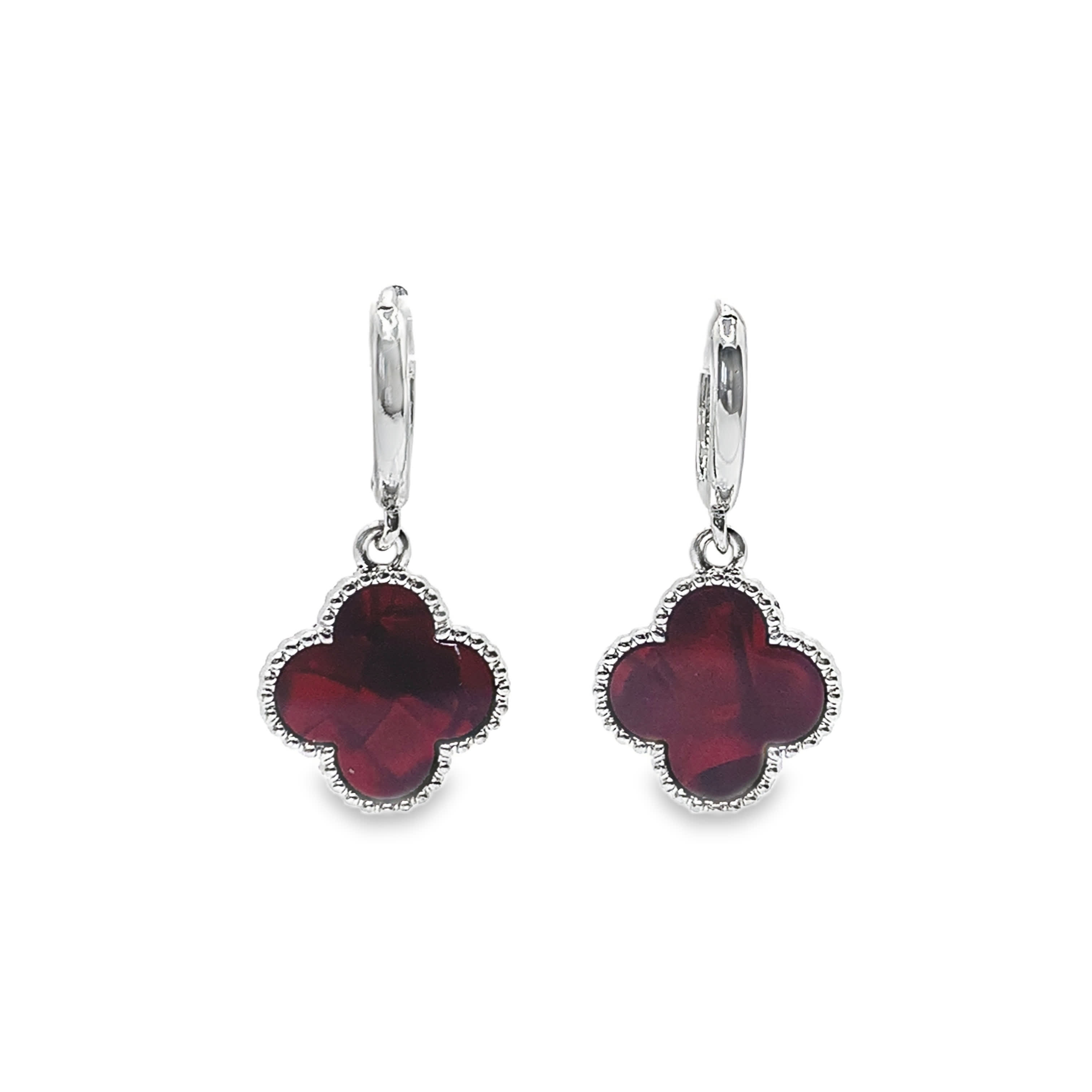 Sterling Silver Dangle Earrings with Round Cabochon Red Ruby Clovers