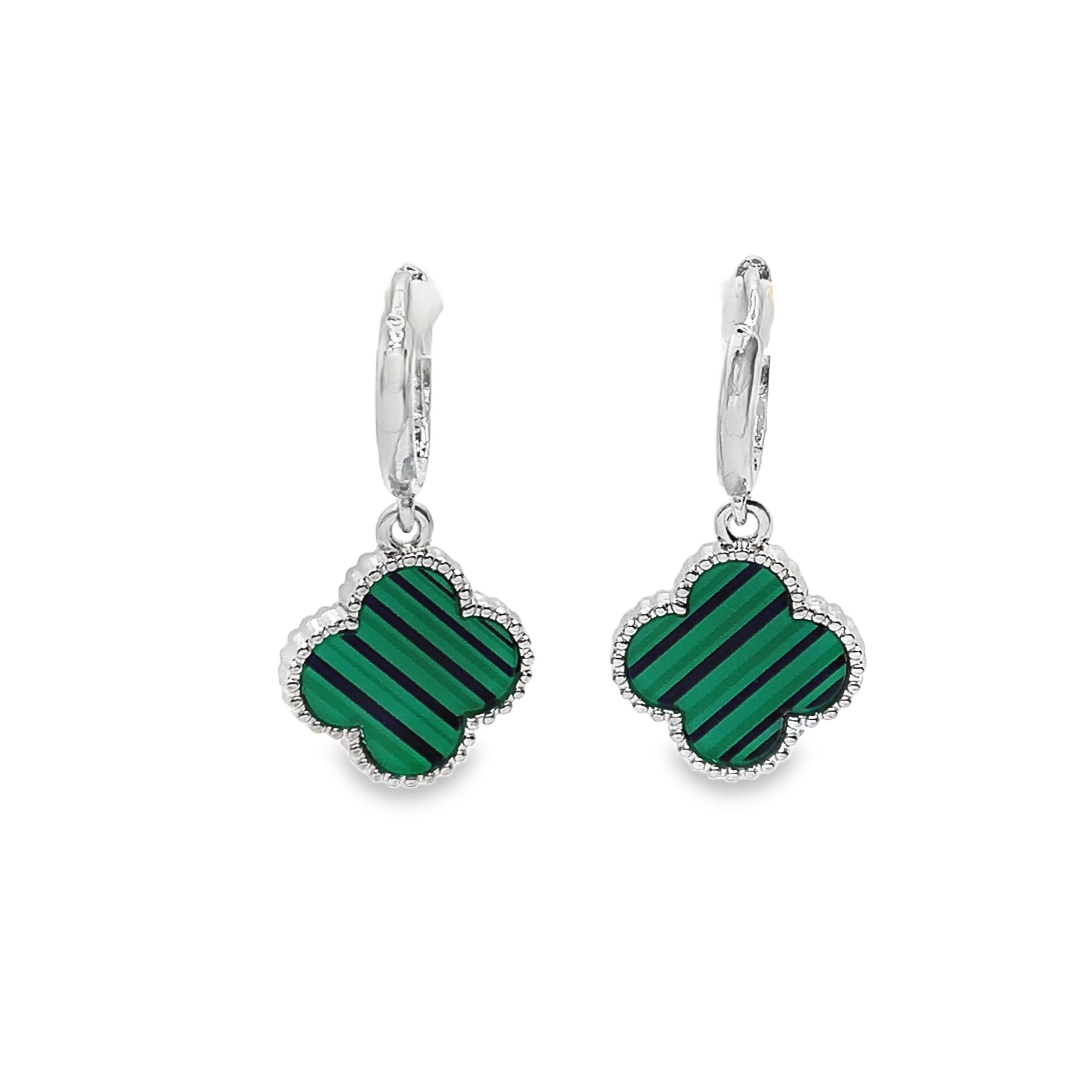 Silver Dangle Earrings with Cabochon Malachite Accents