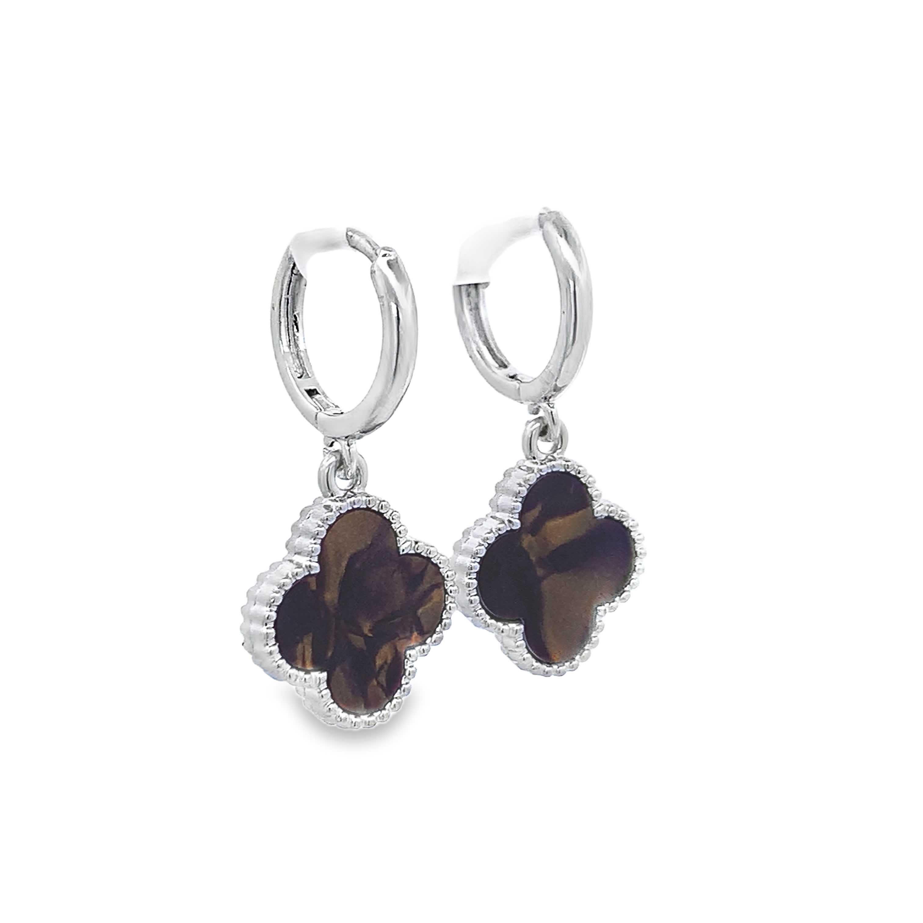 Sterling Silver Hoop Earrings with Agate Clover Drop