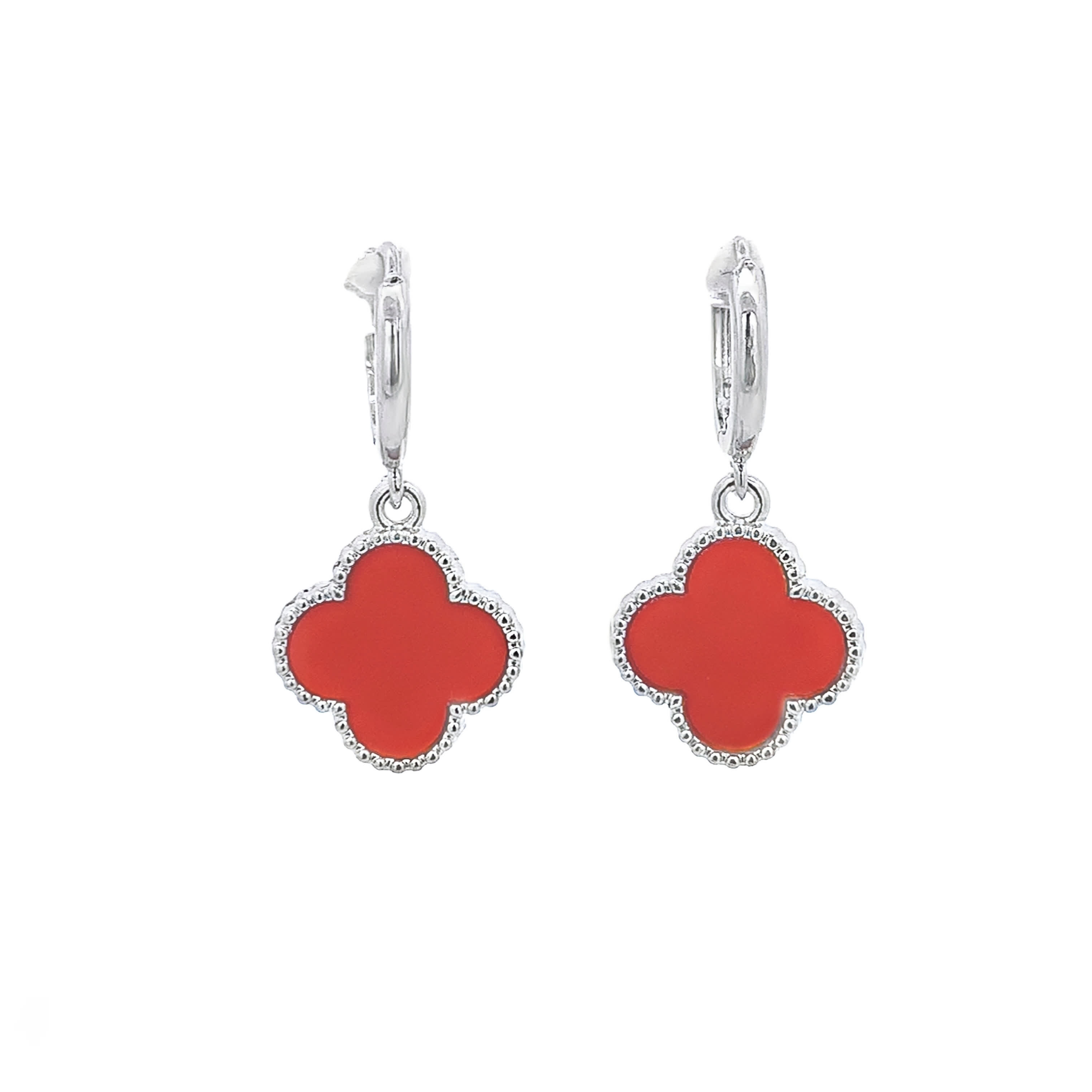 White Gold Dangle Earrings with Red Coral Cabochons