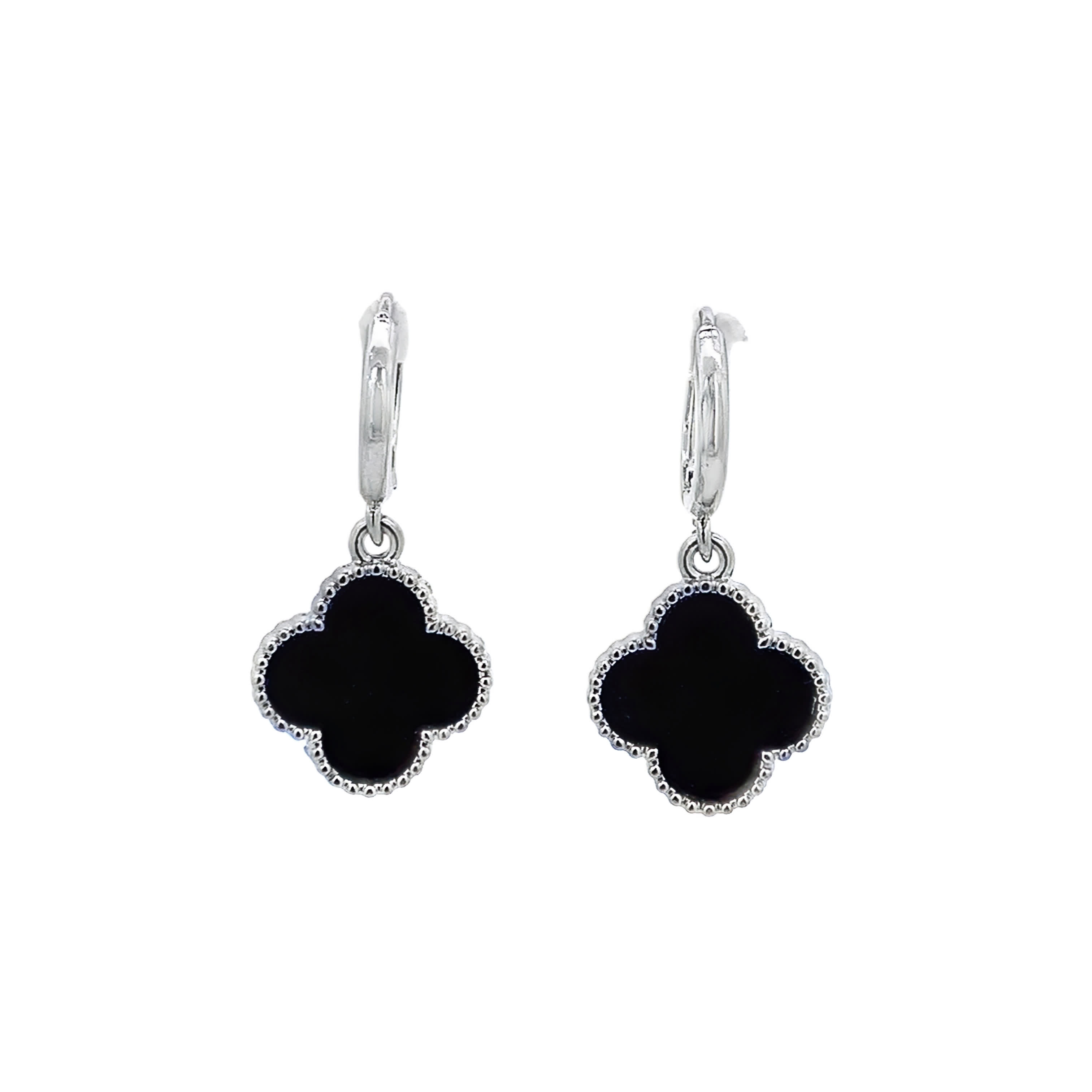 Silver Dangle Earrings with Cabochon Onyx Clover Motif