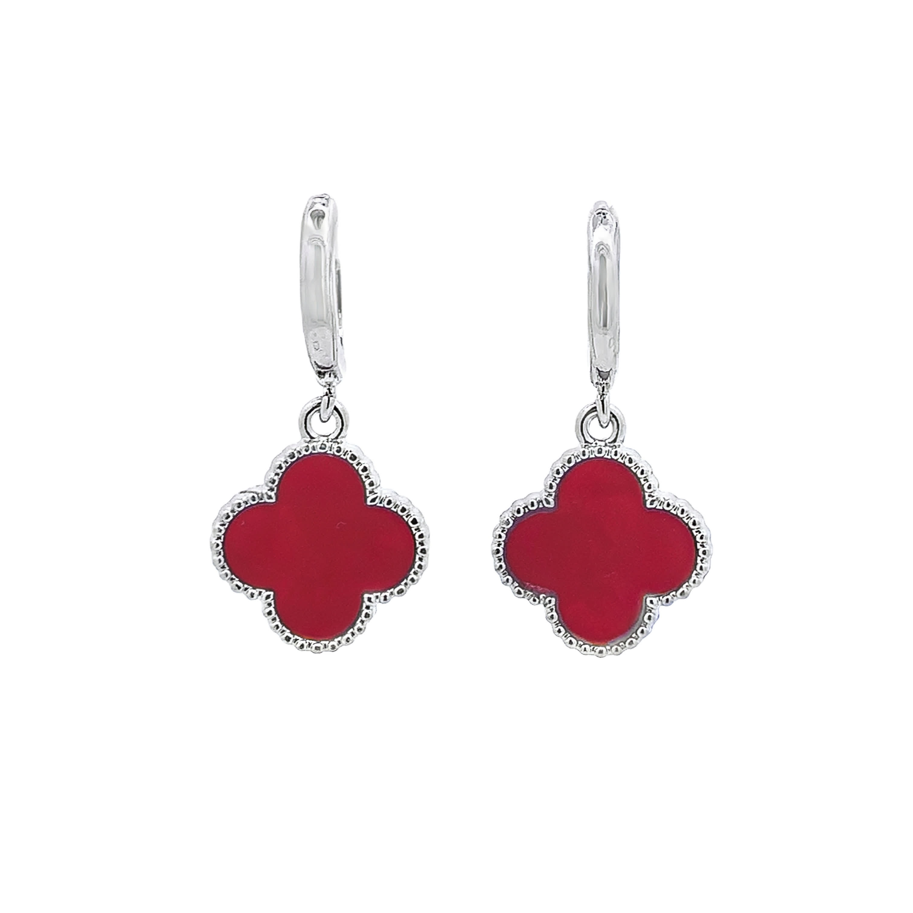 Silver Dangle Earrings with Red Coral Clover Charms