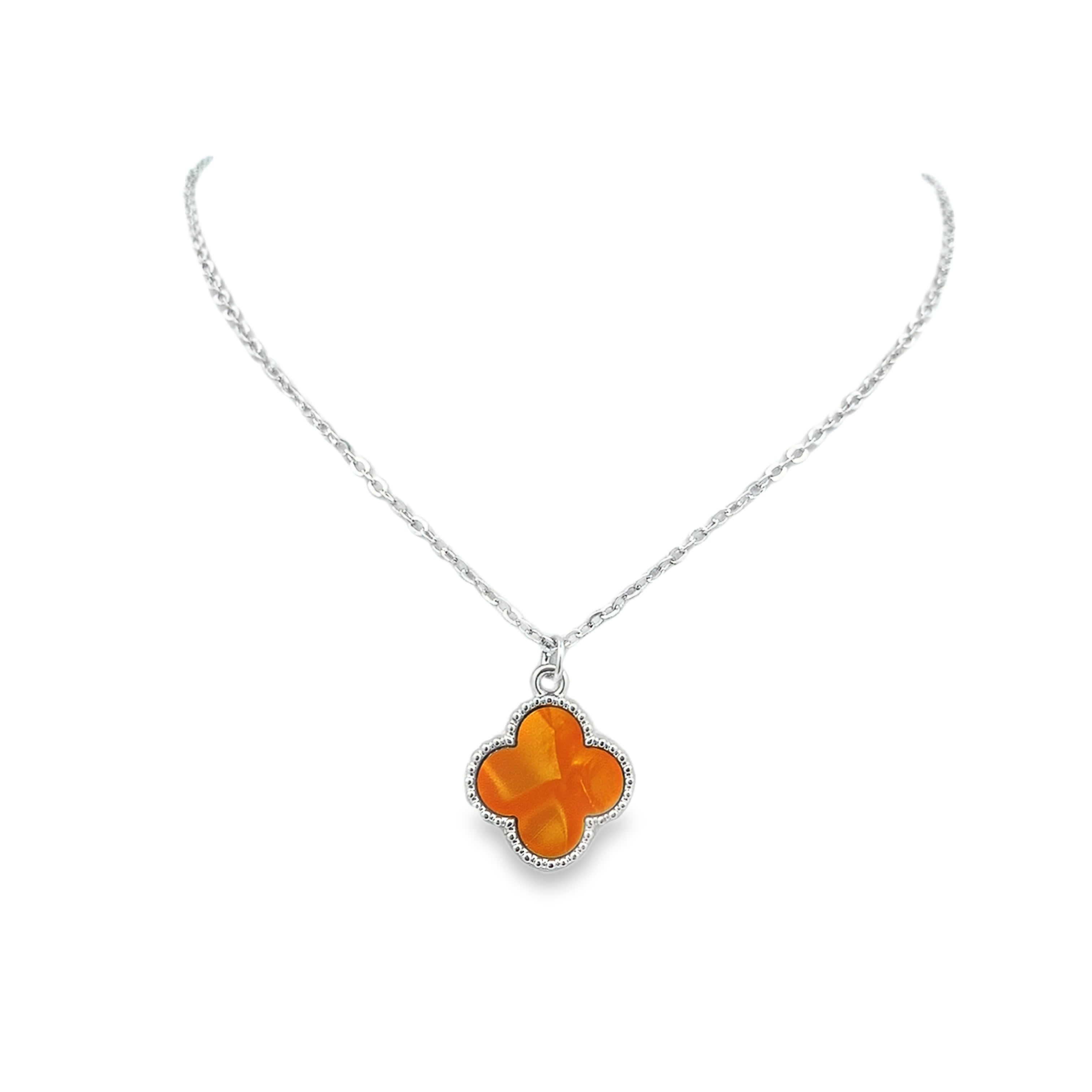 Heart Shaped Orange Agate Cabochon Charm Necklace in Polished White Gold