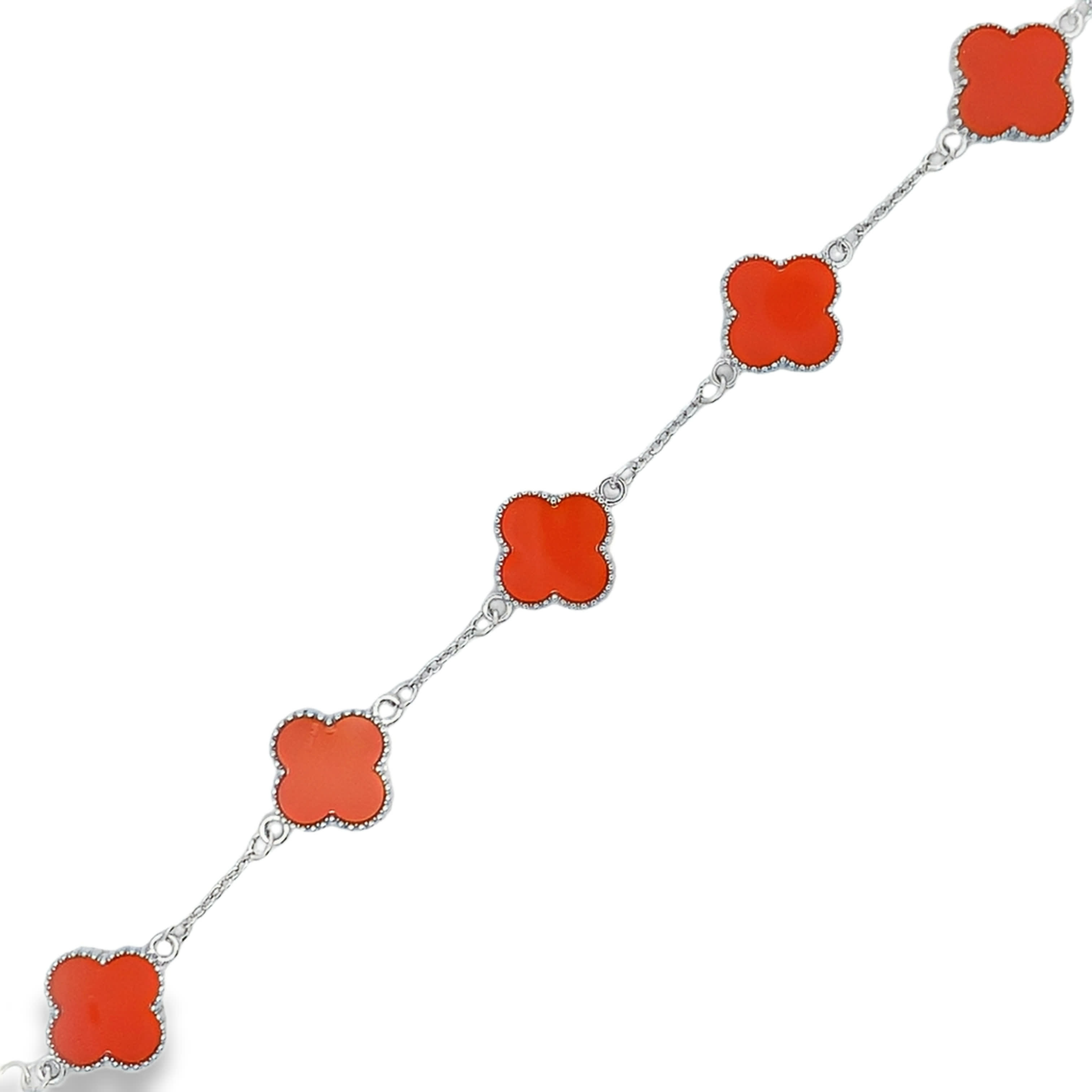 Reddish-Orange Agate Cabochon White Gold Chain Bracelet