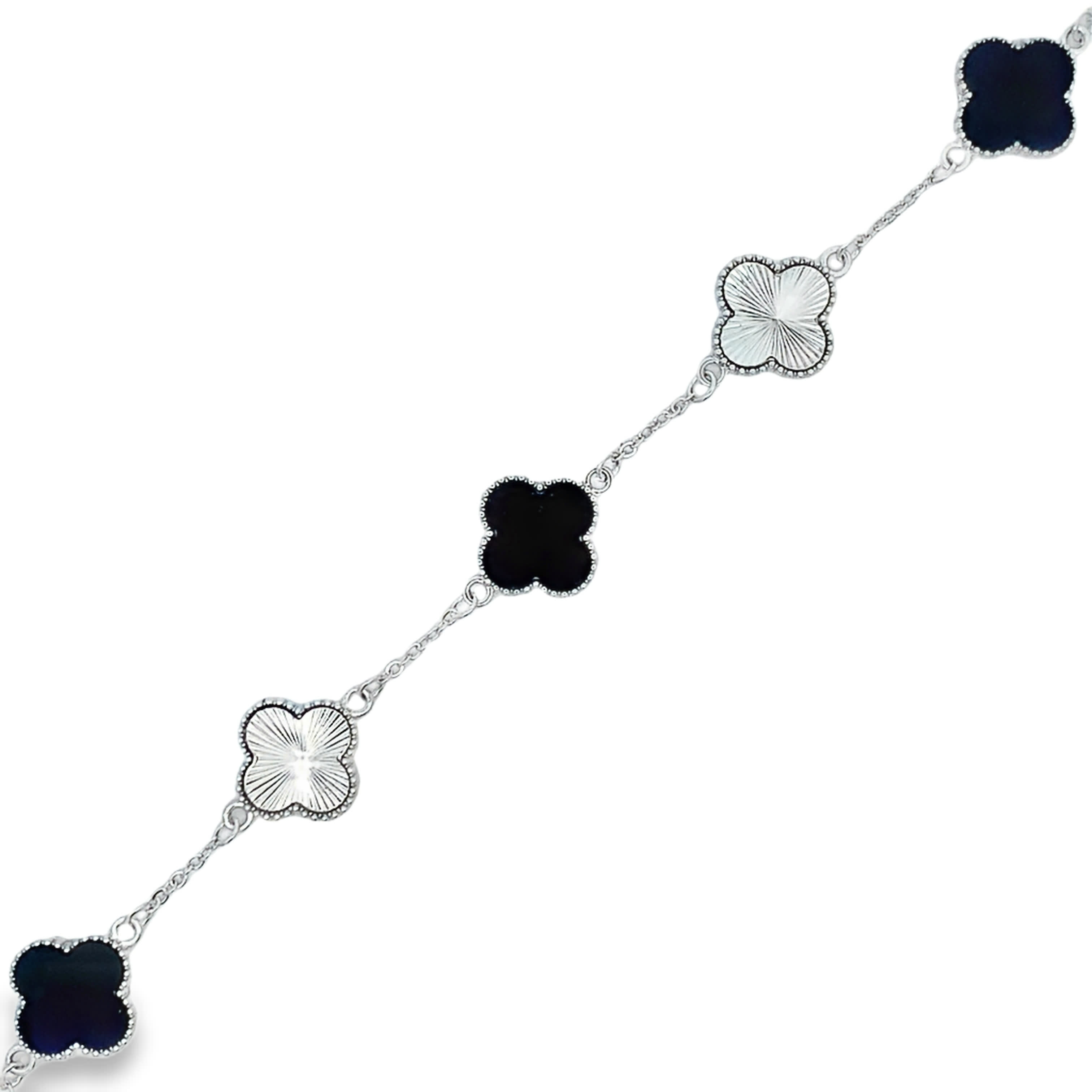 14k White Gold Heart Shaped Onyx Cabochon Charm Bracelet