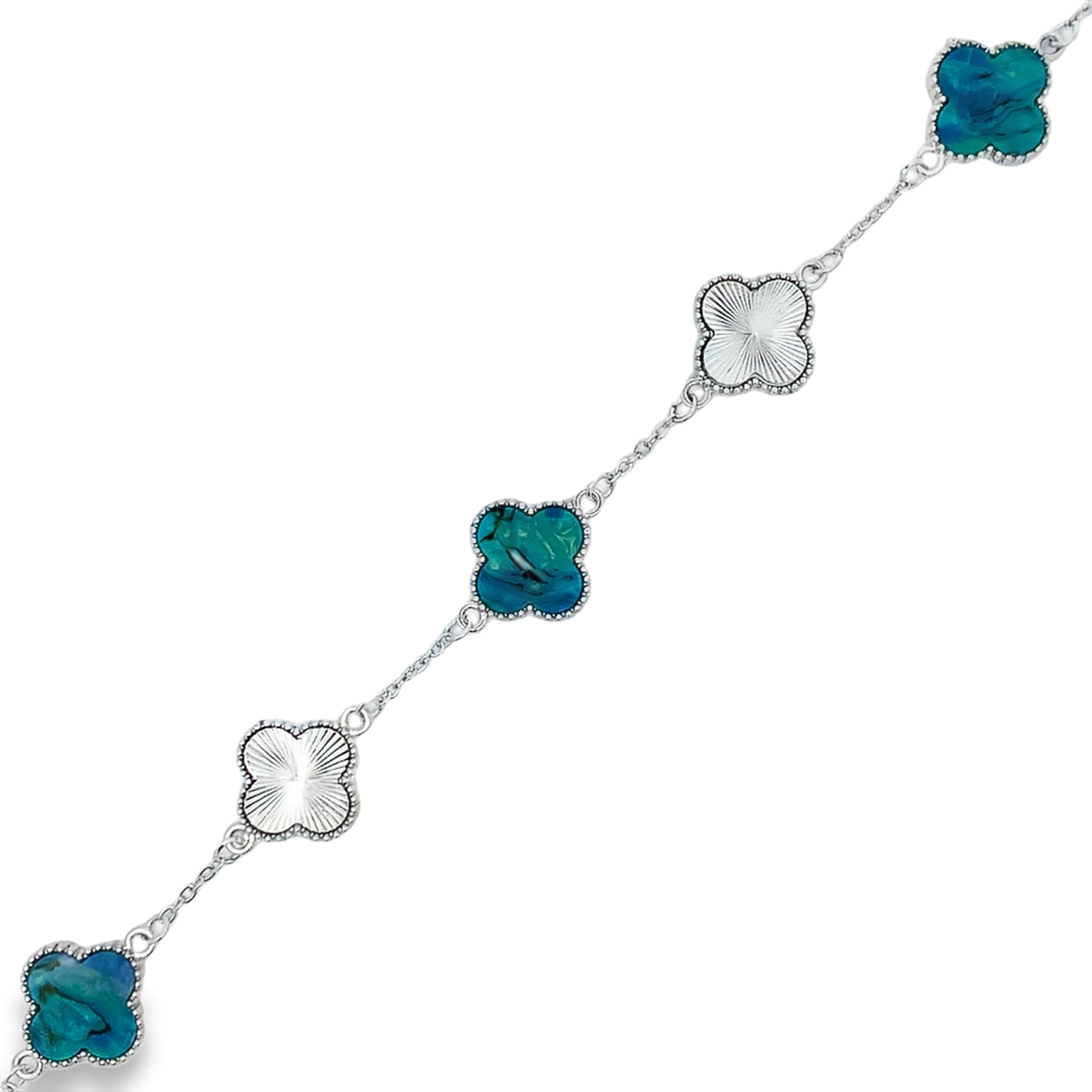 Posrebrzana bransoletka koniczyna z naprzemiennym kamieniem marmurkowego agatu i giloszem