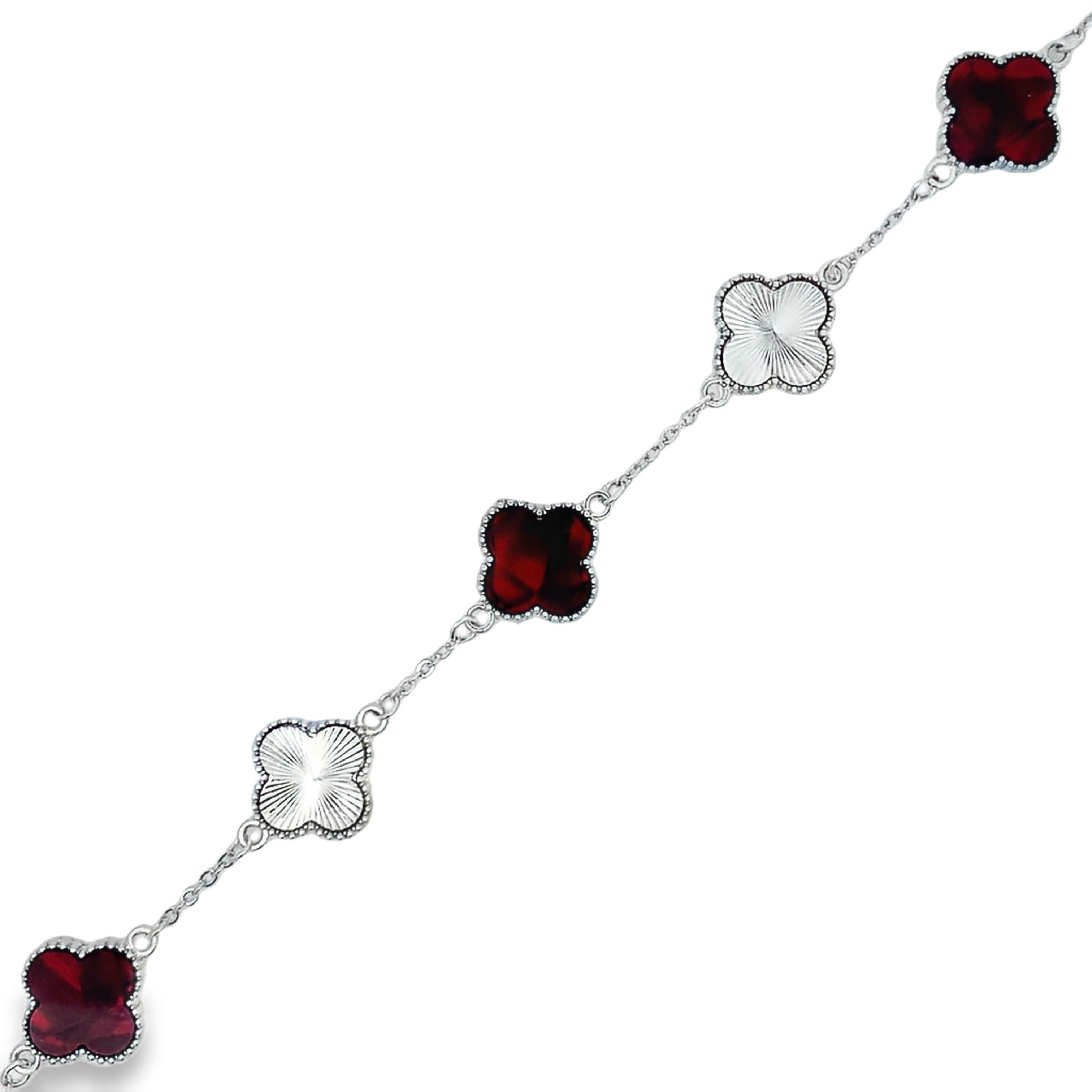 Posrebrzana bransoletka koniczyna wielomotywowa z kamieniem rubinu i wstawkami gilosz