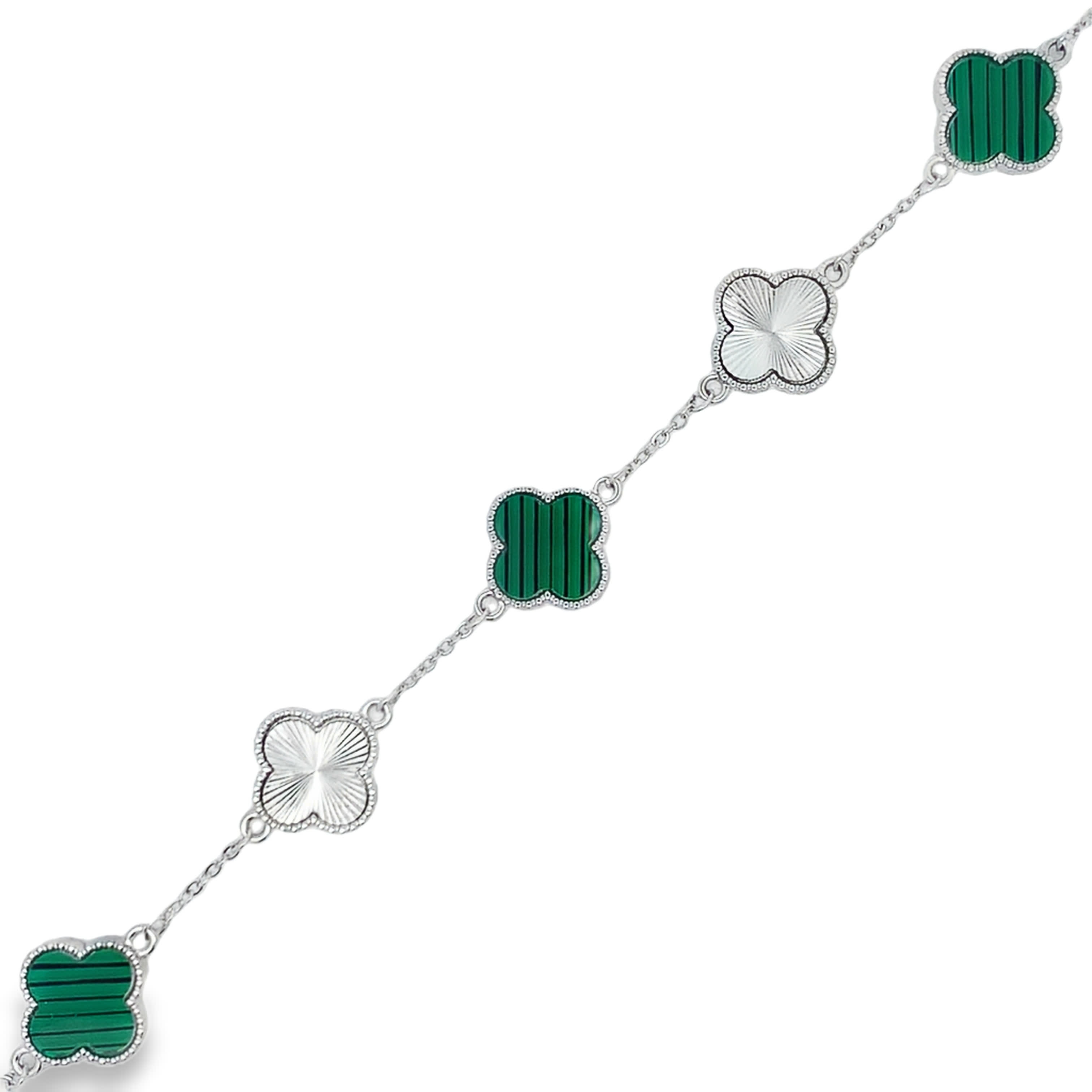Posrebrzana bransoletka koniczyna pięć motywów z kamieniem malachitu i giloszem