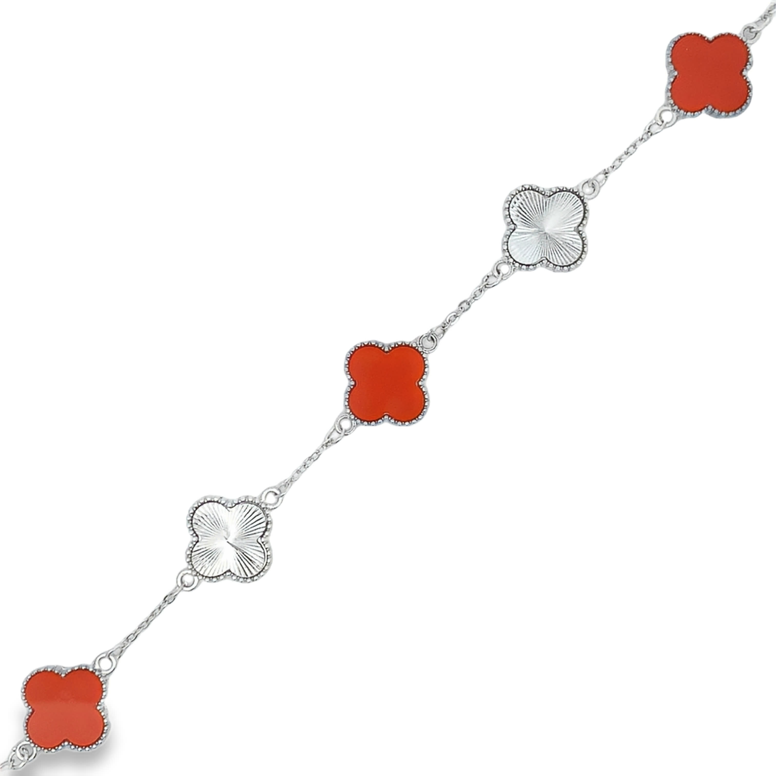 Posrebrzana bransoletka łańcuszkowa koniczyna z motywami kamienia karneolu i giloszu