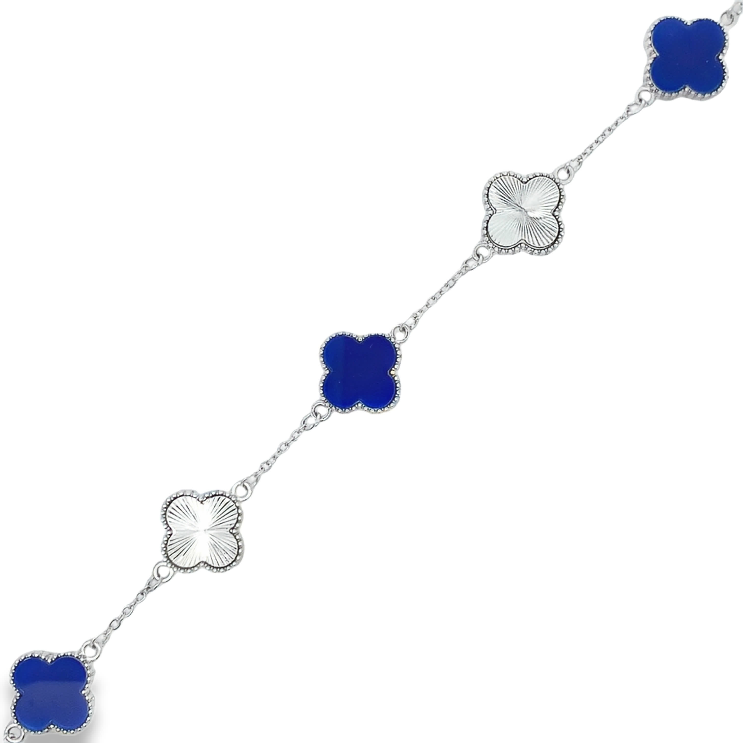 Posrebrzana bransoletka łańcuszkowa koniczyna z naprzemiennym kamieniem lapis lazuli i giloszem