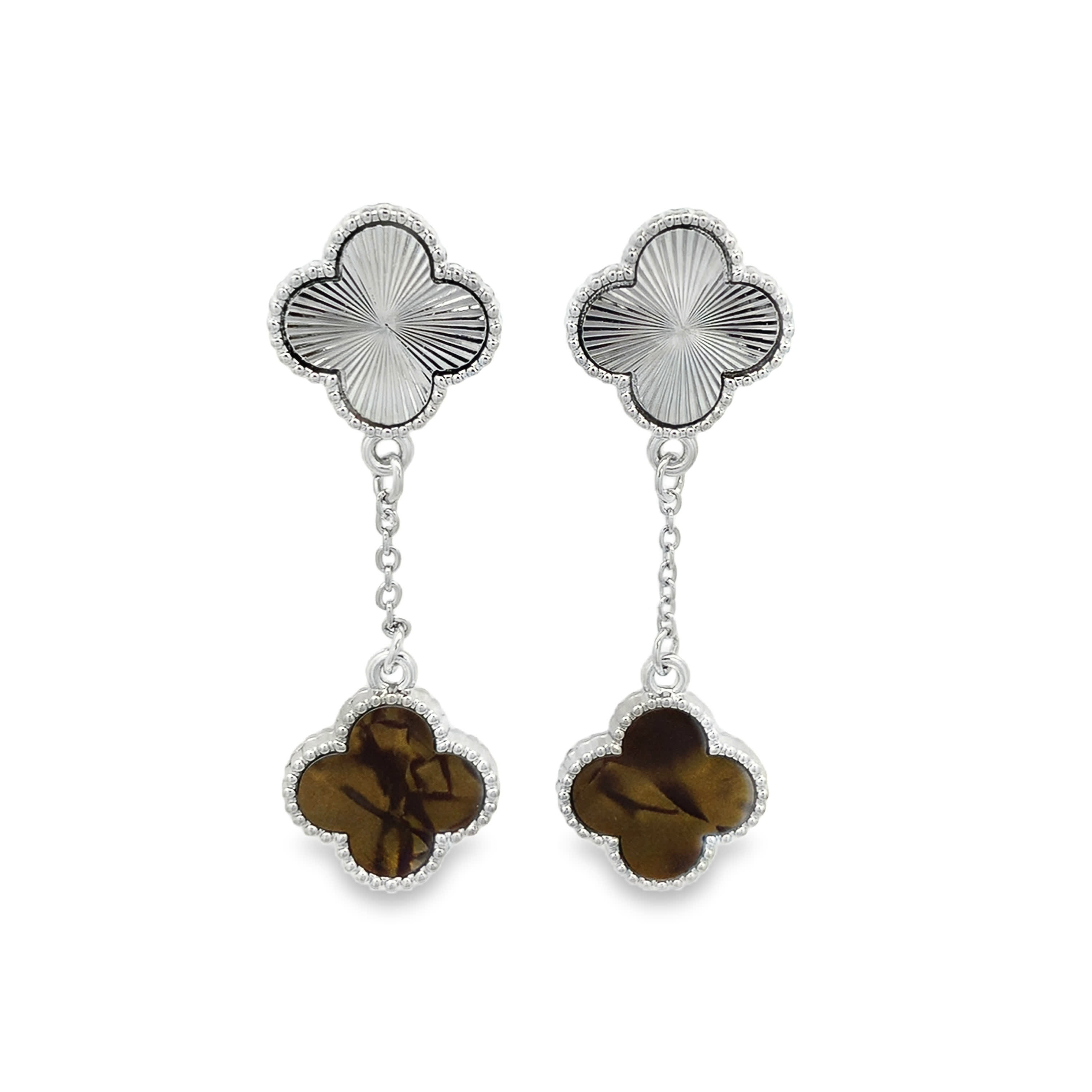 White Gold Clover Drop Earrings with Guilloché and Agate Motifs