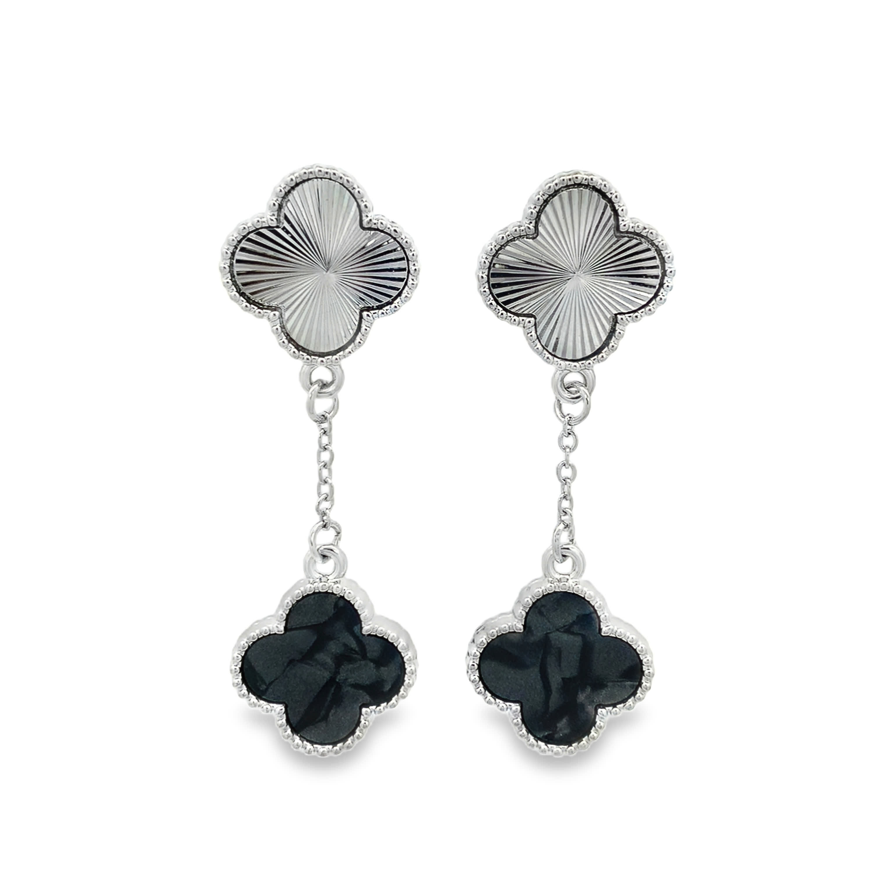 White Gold Sunburst Guilloche and Black Onyx Clover Drop Earrings