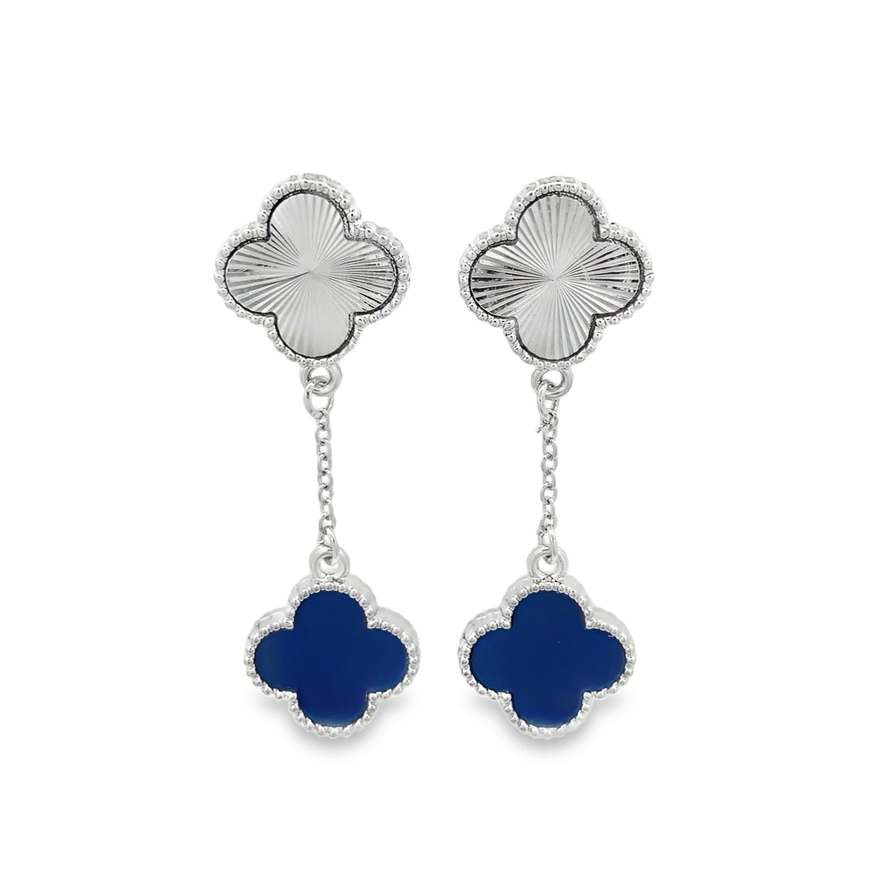White Gold Sunray and Blue Sapphire Quatrefoil Drop Earrings