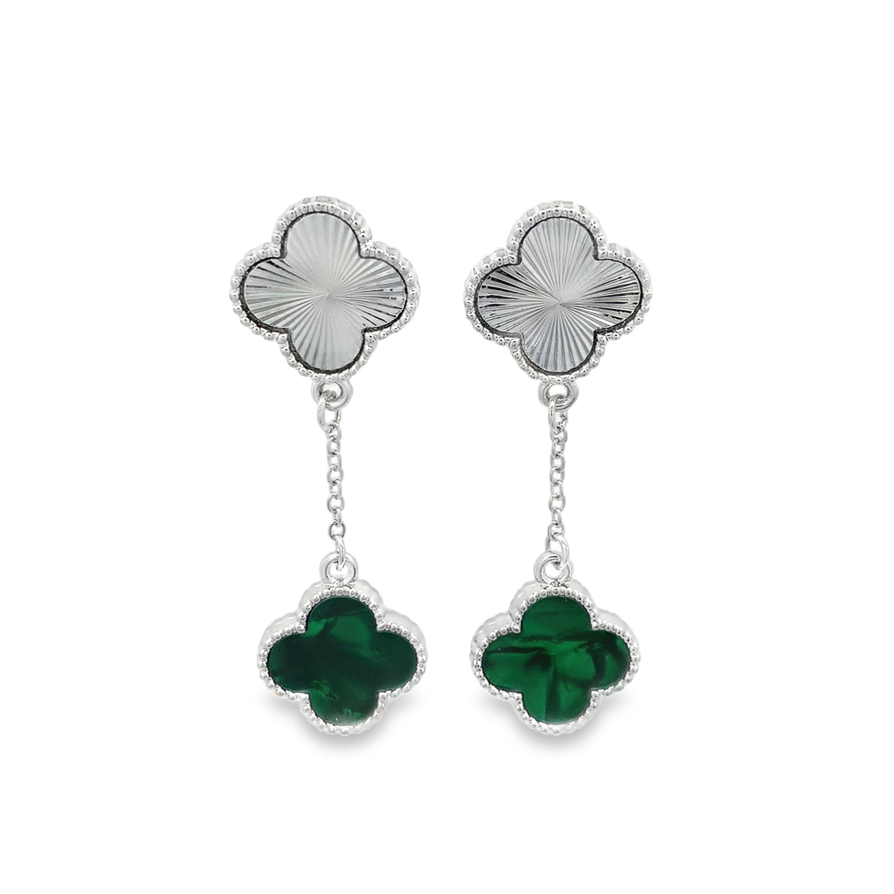 White Gold Guilloché and Green Malachite Clover Drop Earrings
