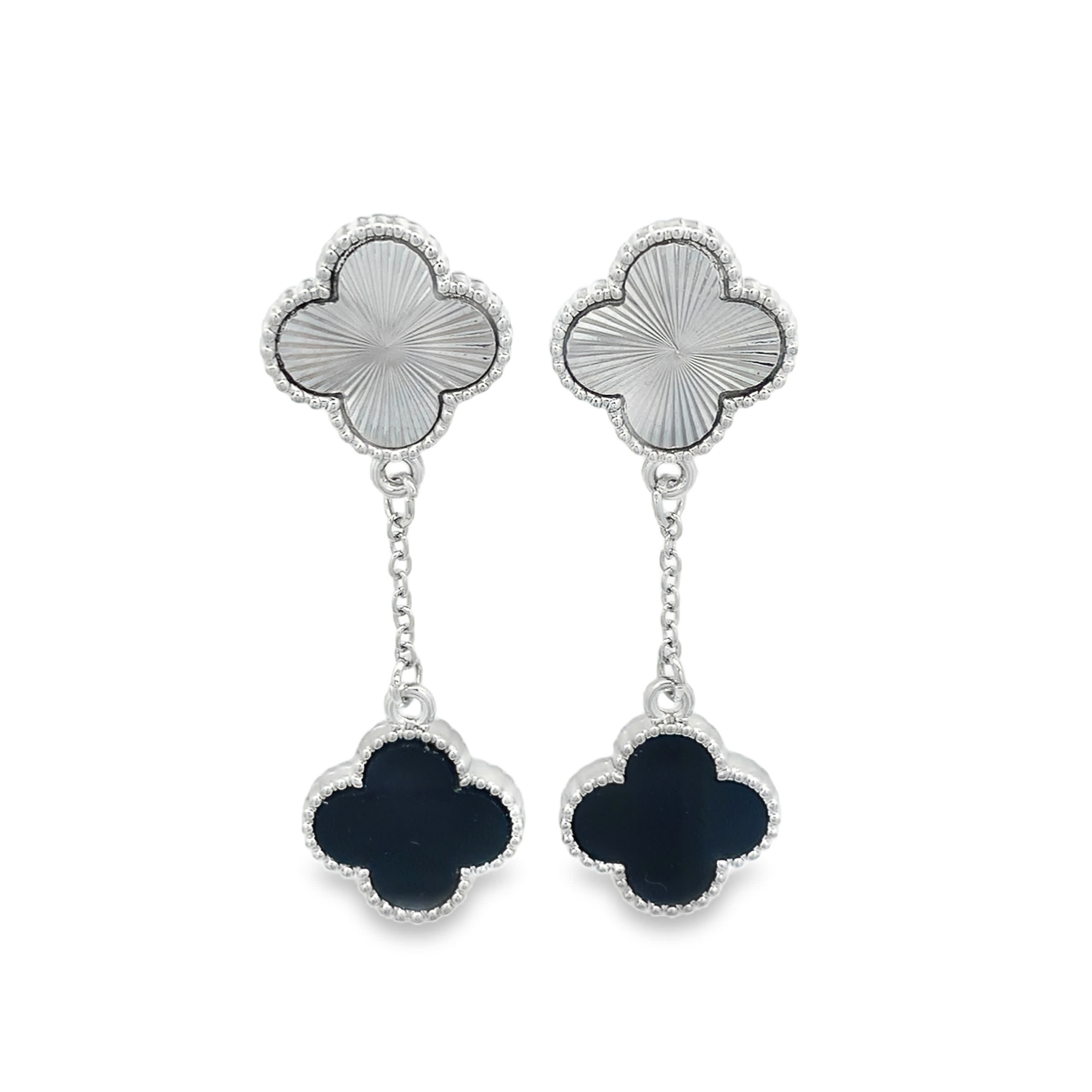 Posrebrzane wiszące kolczyki koniczyna z giloszem i czarnym kamieniem