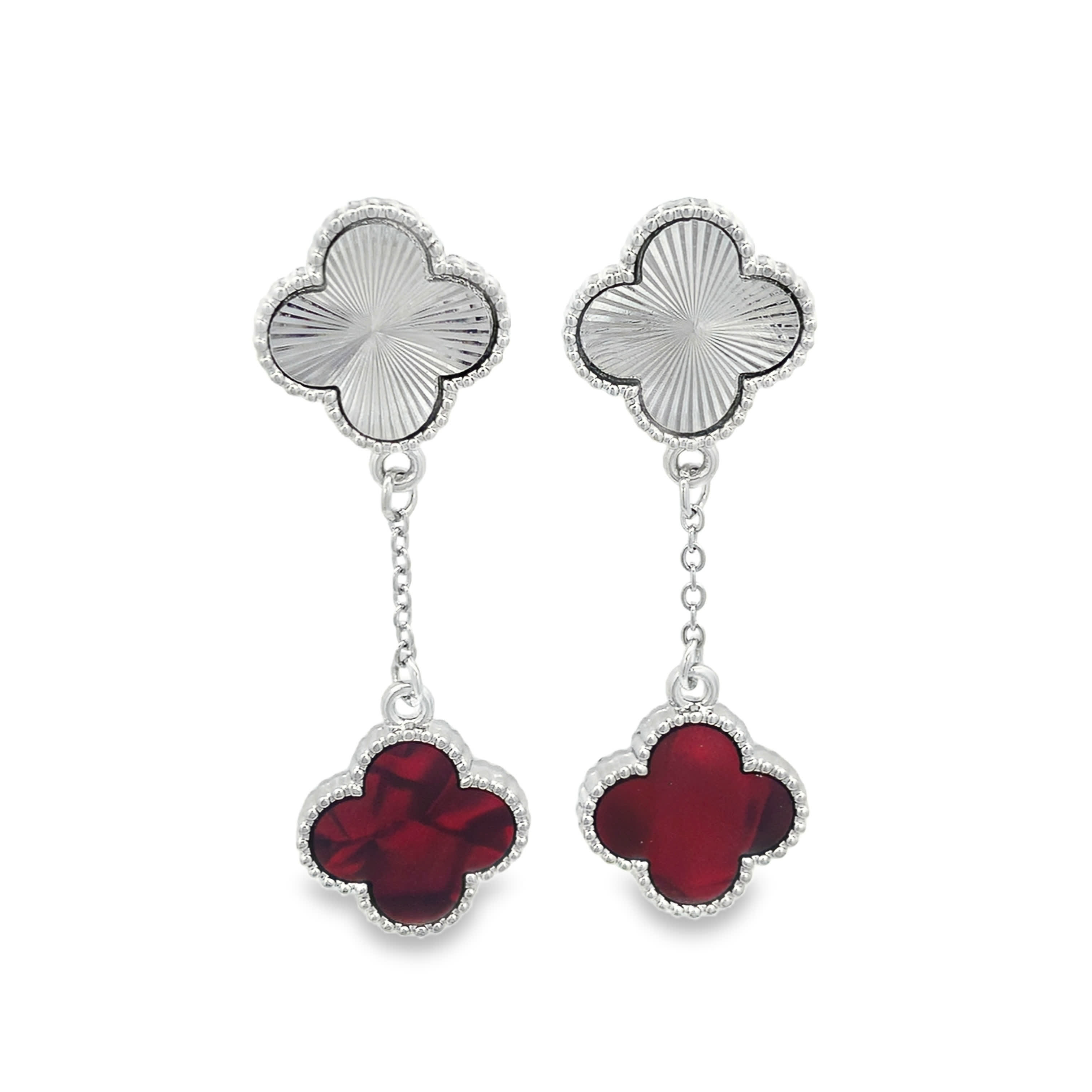 Posrebrzane wiszące kolczyki czterolistne sunburst z czerwonym kamieniem