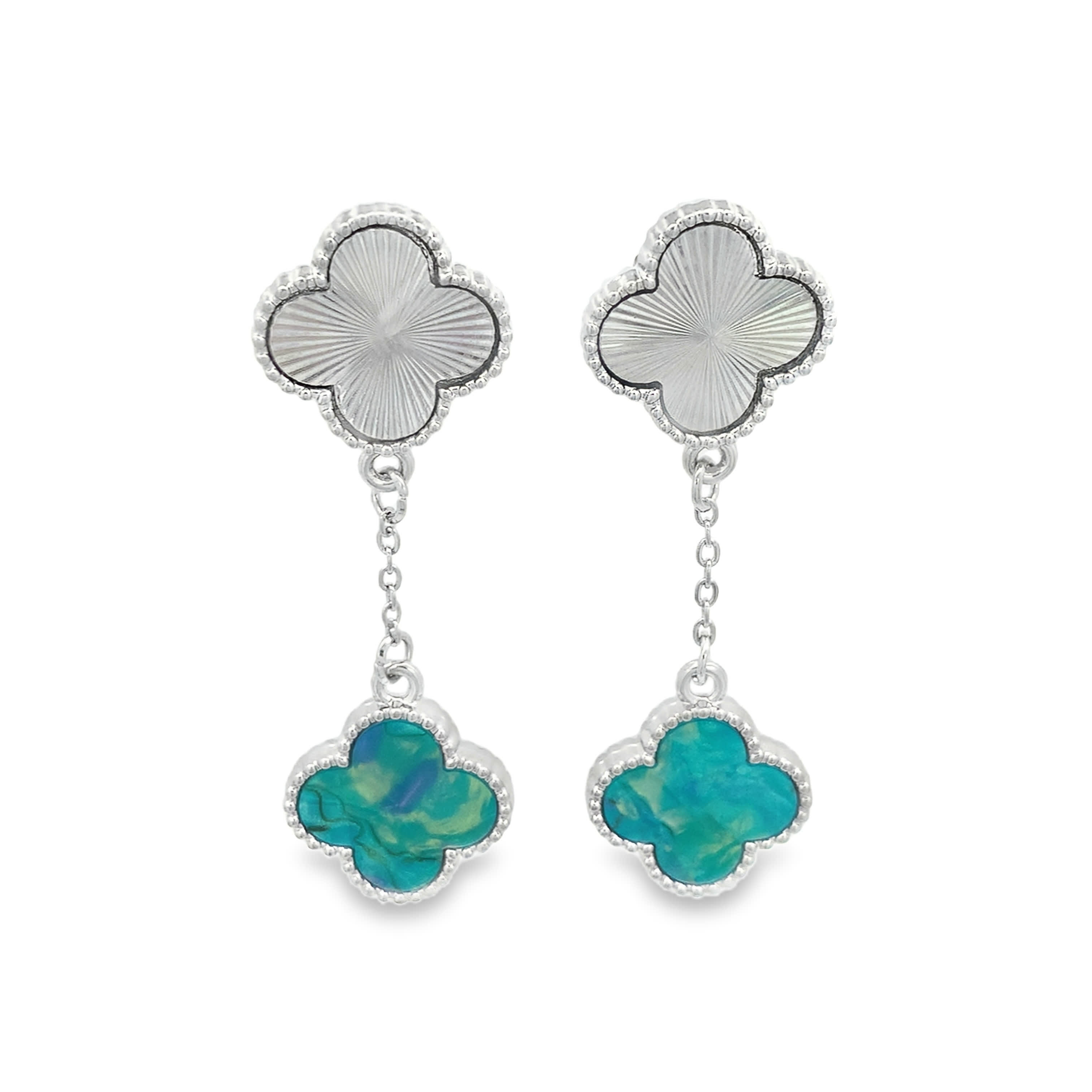 Posrebrzane wiszące kolczyki koniczyna z giloszem i kamieniem