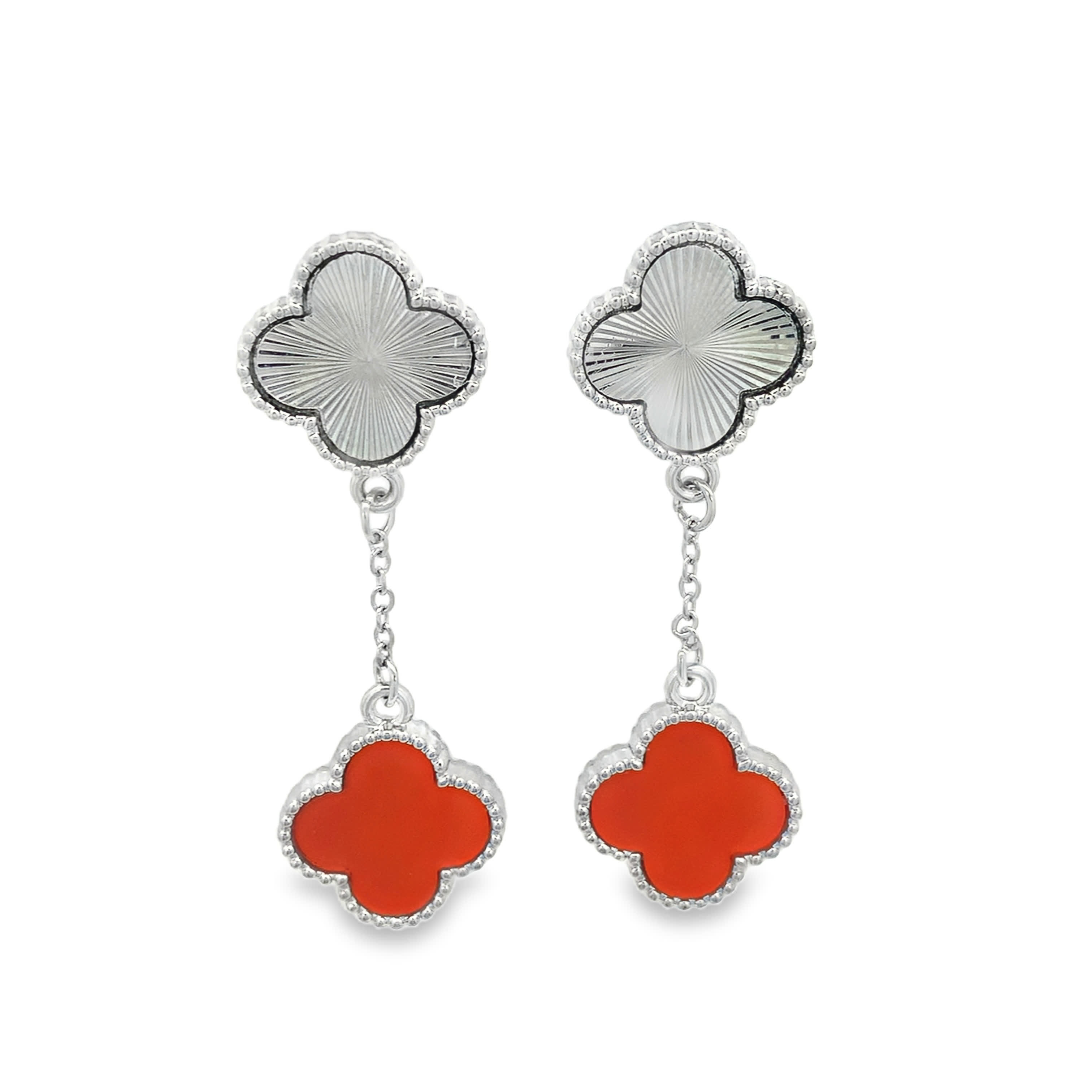 Guilloché and Reddish-Orange Agate Clover Dangle Earrings in White Gold