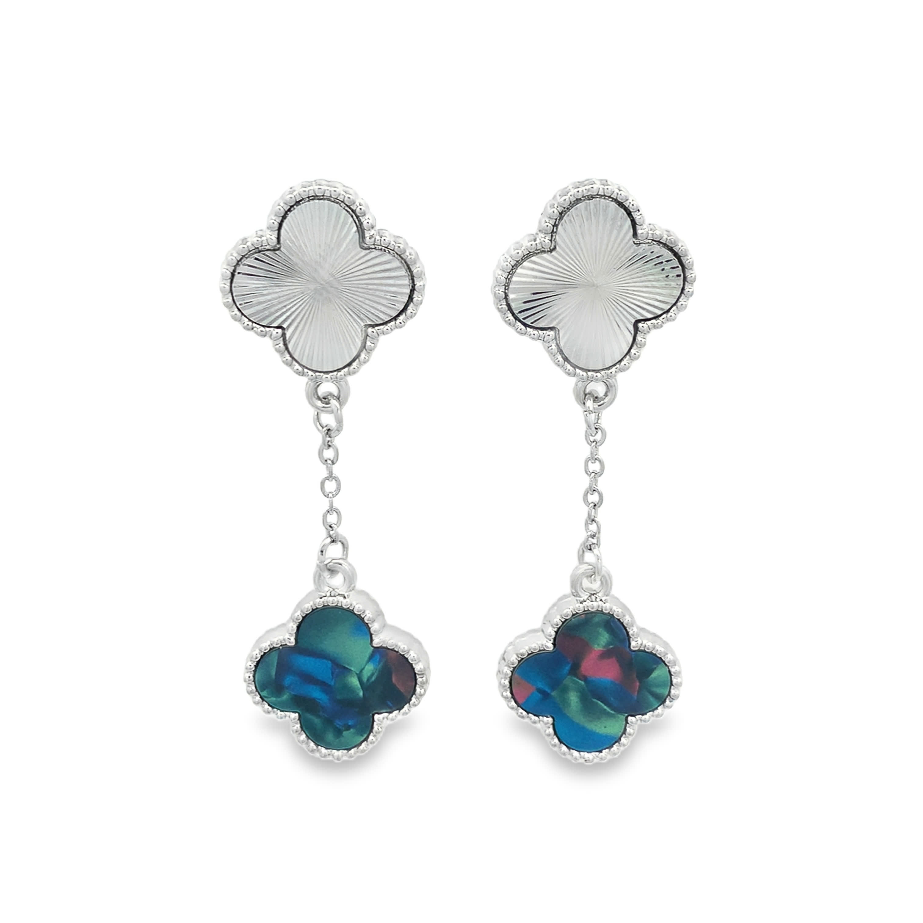 Agate and Guilloche Quatrefoil White Gold Drop Earrings