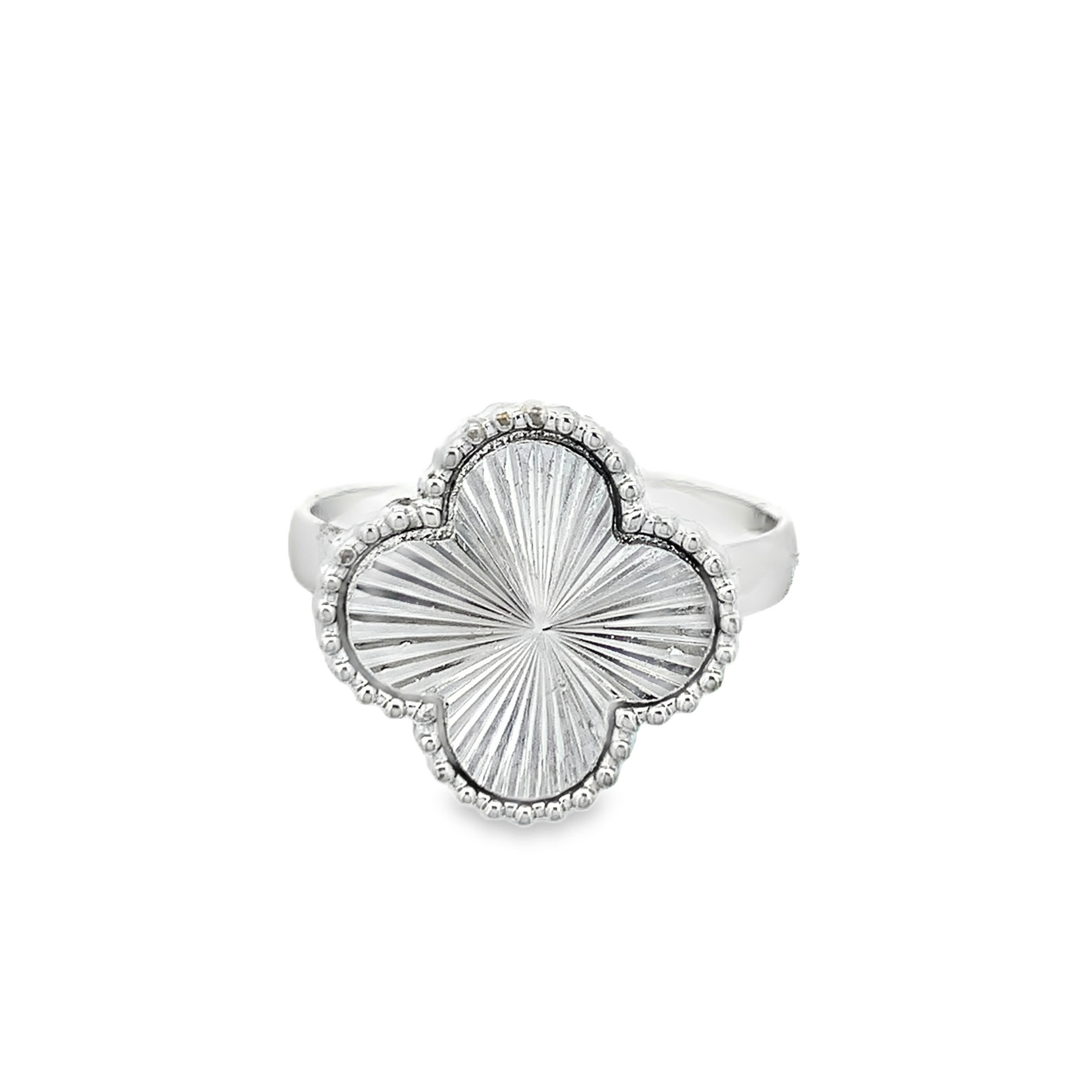 Guilloch Clover Motif Silver Ring with Beaded Milgrain Border