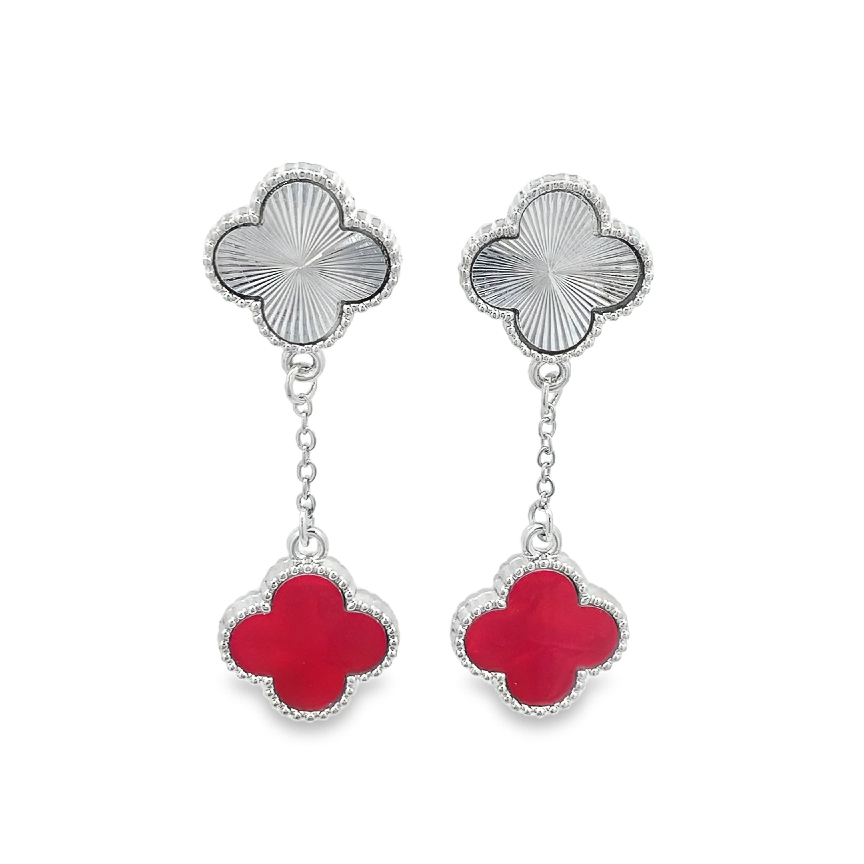 Radiant Guilloché and Carved Red Ruby White Gold Clover Drop Earrings