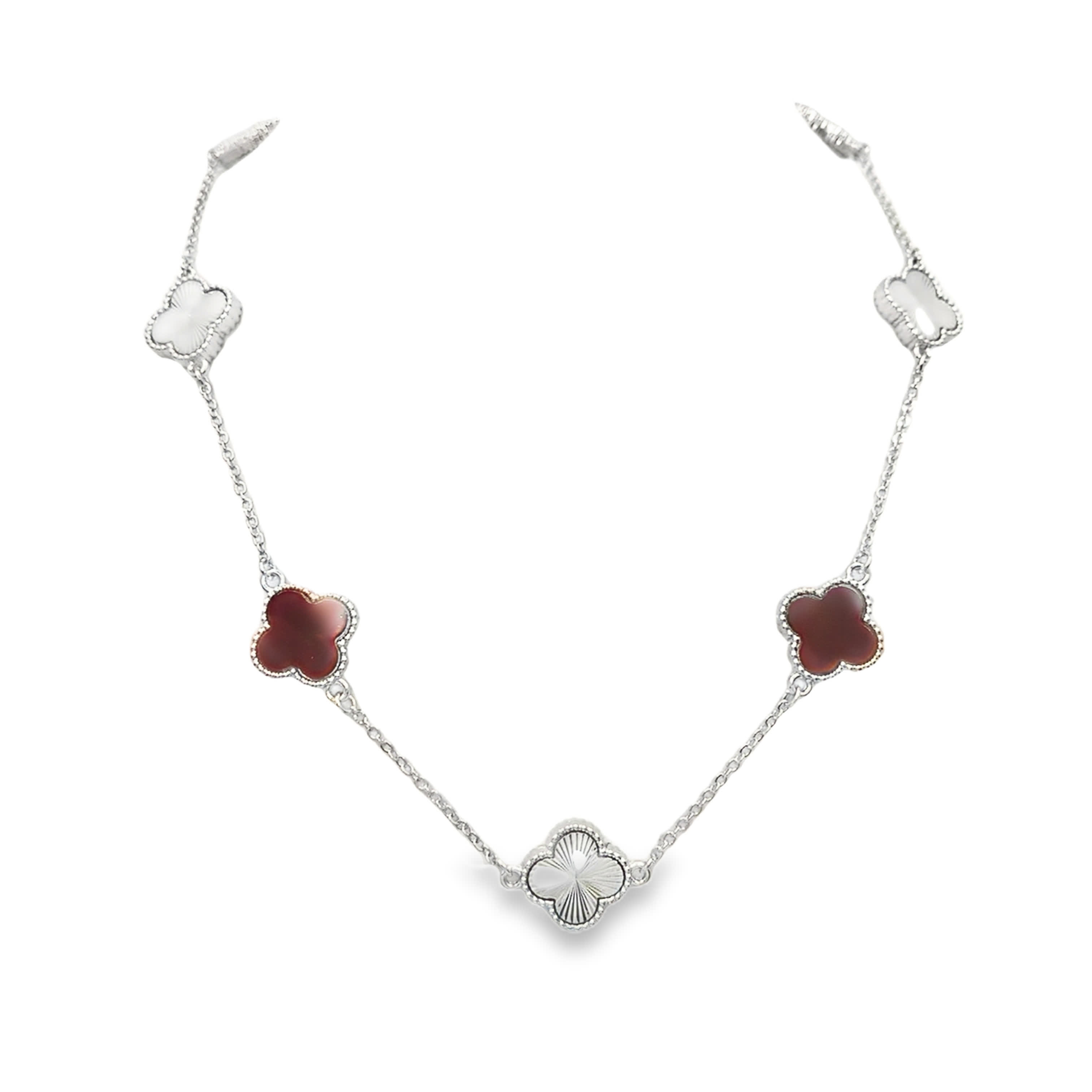 White Gold Clover Necklace with Agate and Mother of Pearl Stations