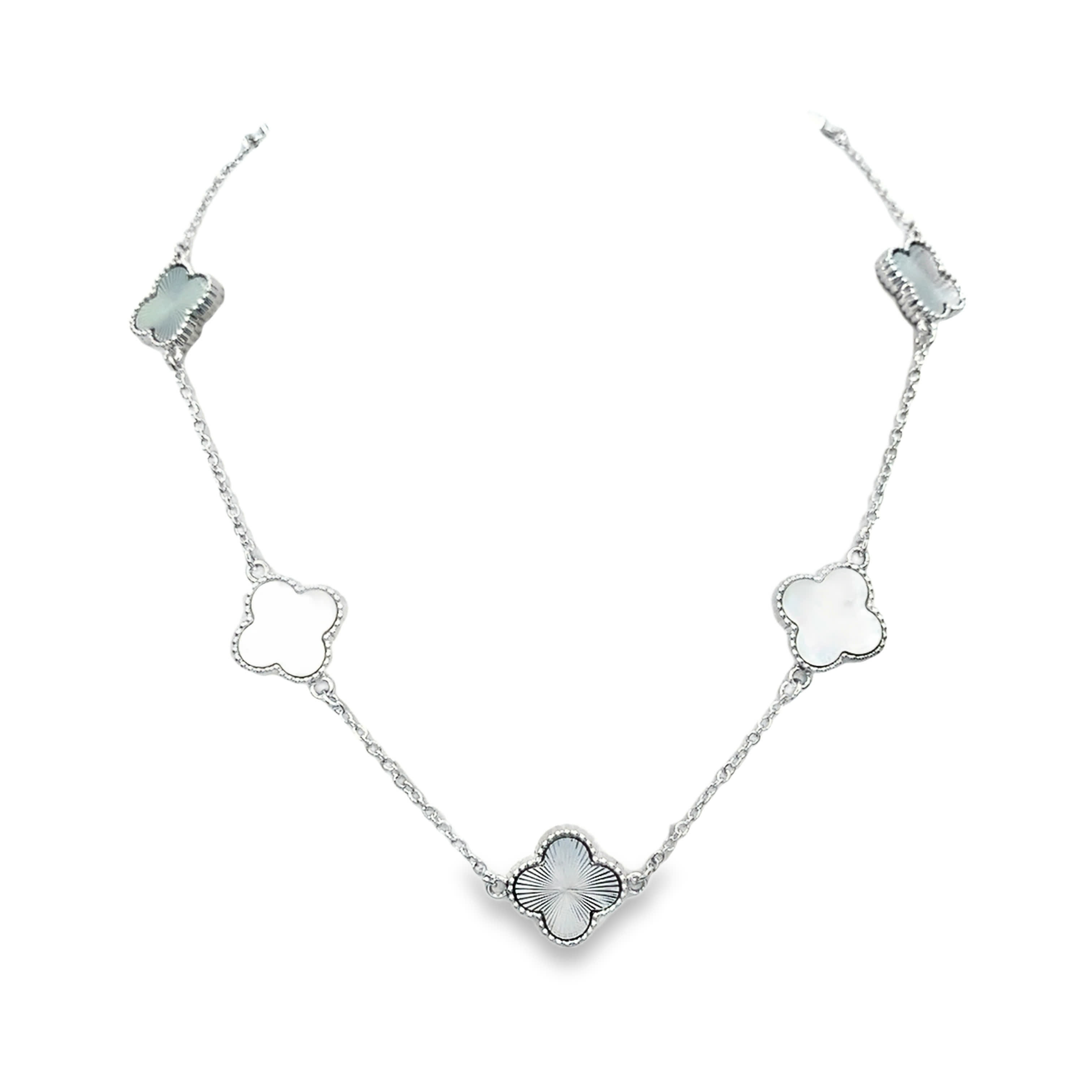 White Gold Clover Charm Necklace with Carved Pearl and Guilloché Accents