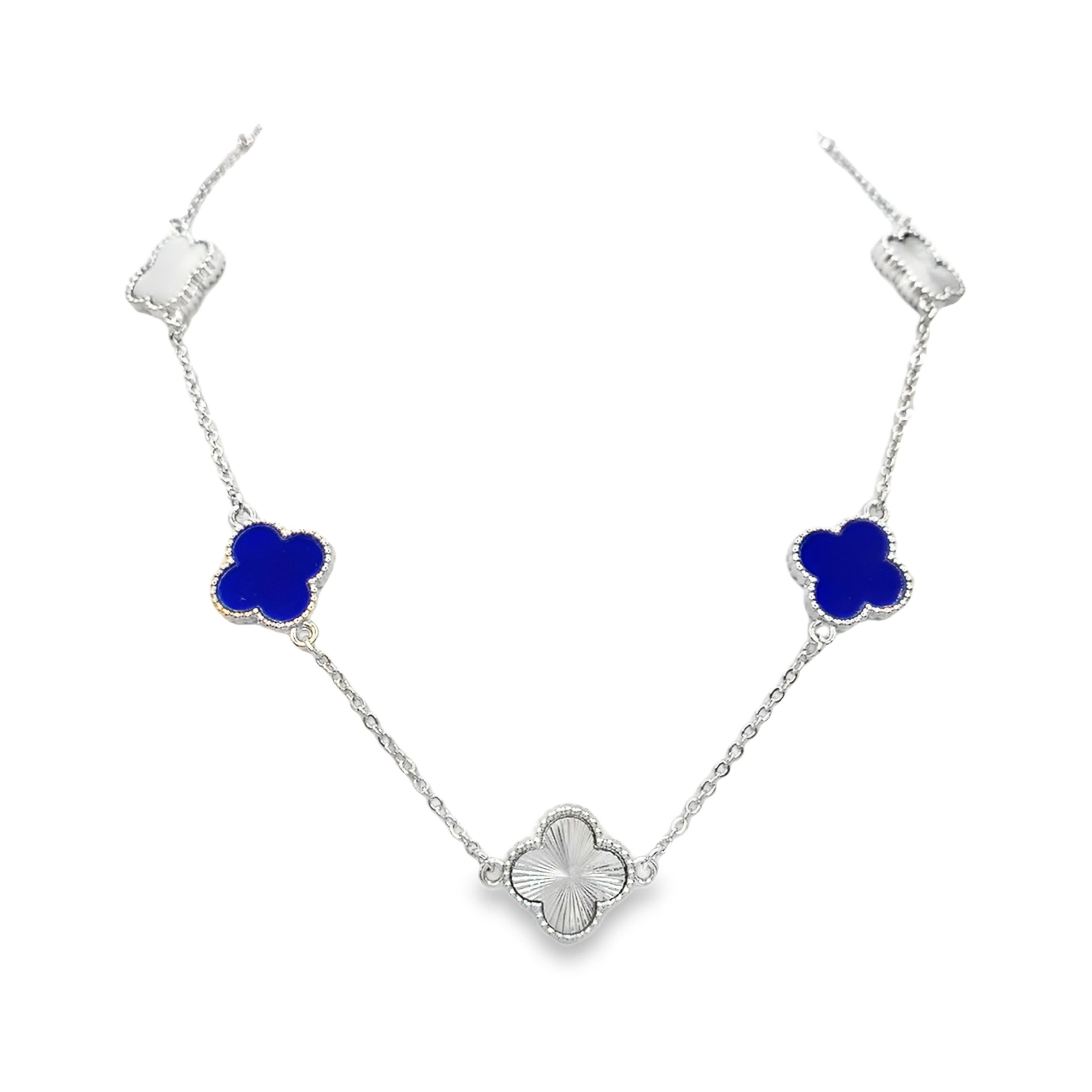 White Gold Lapis Lazuli and Guilloche Clover Station Necklace