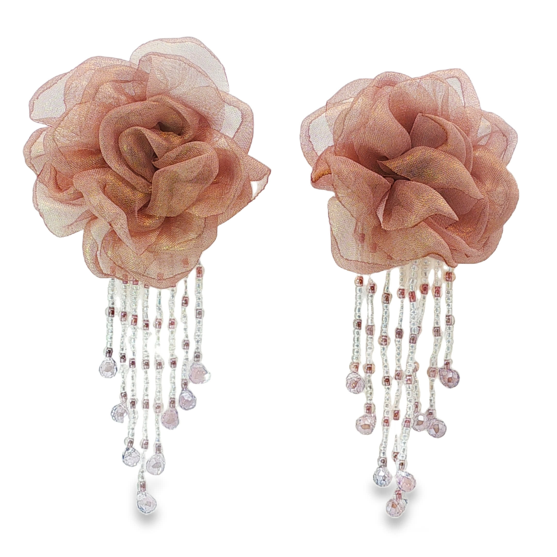 Kolczyki z kryształkami w kształcie kwiatów i fioletowoczerwonymi koralikami w kształcie kaboszonu