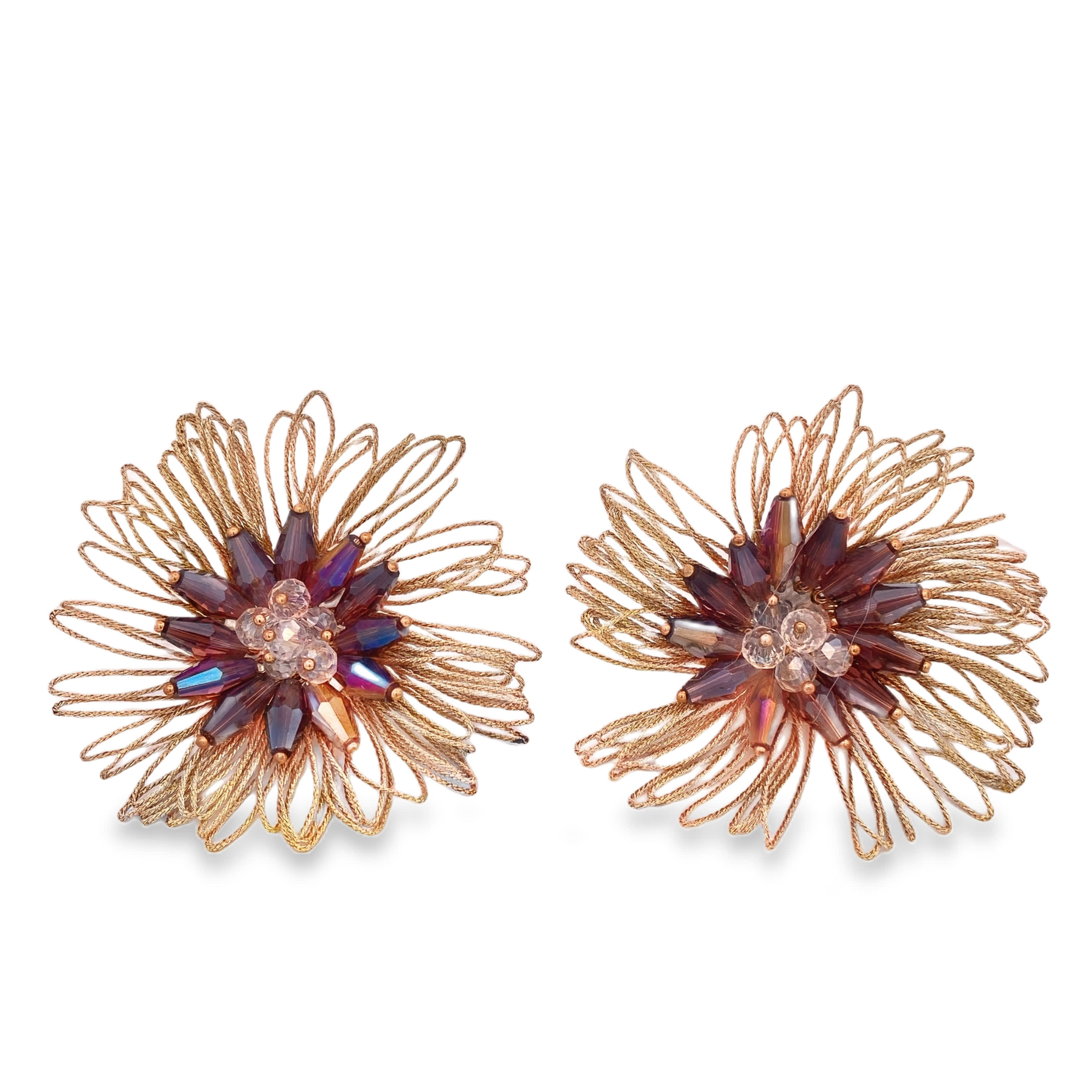 Kolczyki z fioletowym kryształem i żółtym złocistym drutem