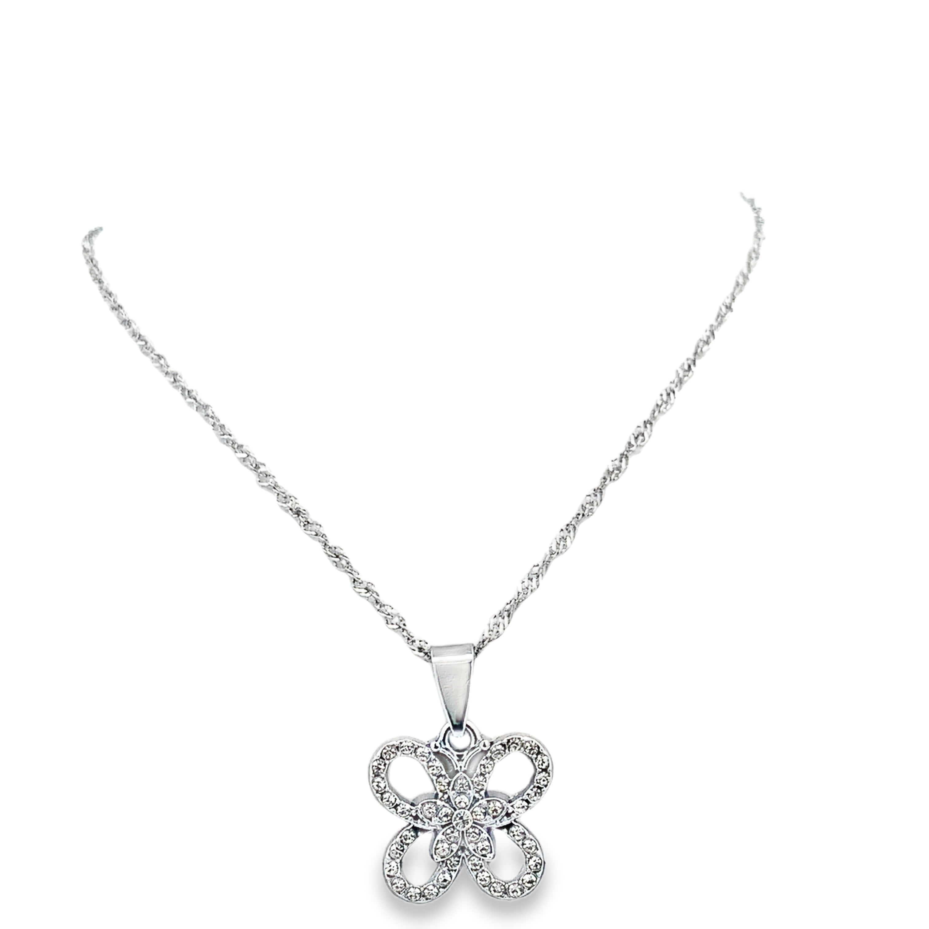 Naszyjnik z białej stali z zawieszką w kształcie kwiatu z kamieniami